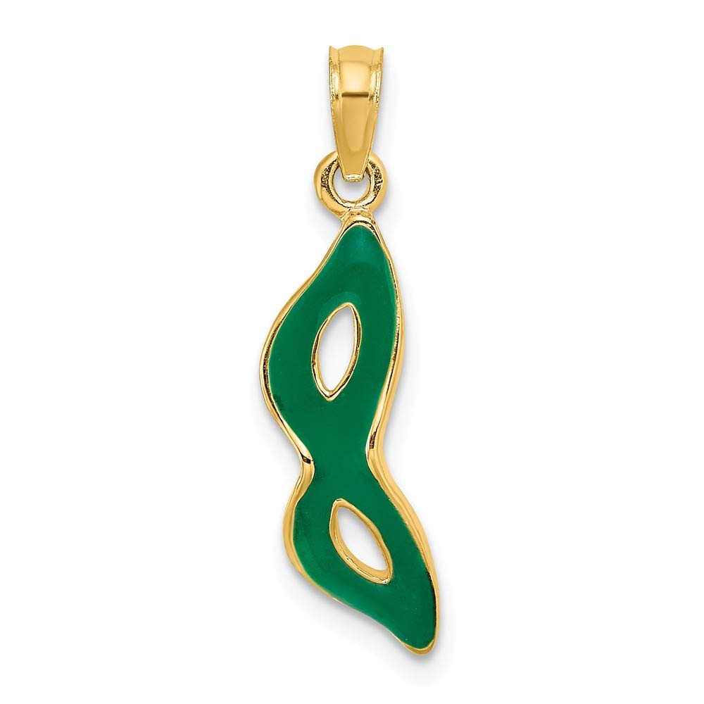 14K Yellow Gold 3D Green Enamel Masquerade Mask - Elegant Beveled Cut-Out Eyes (0.76 x 0.25 inches) | Perfect for Mardi Gras, Costume Parties & Venetian Balls | Yasmins Collection