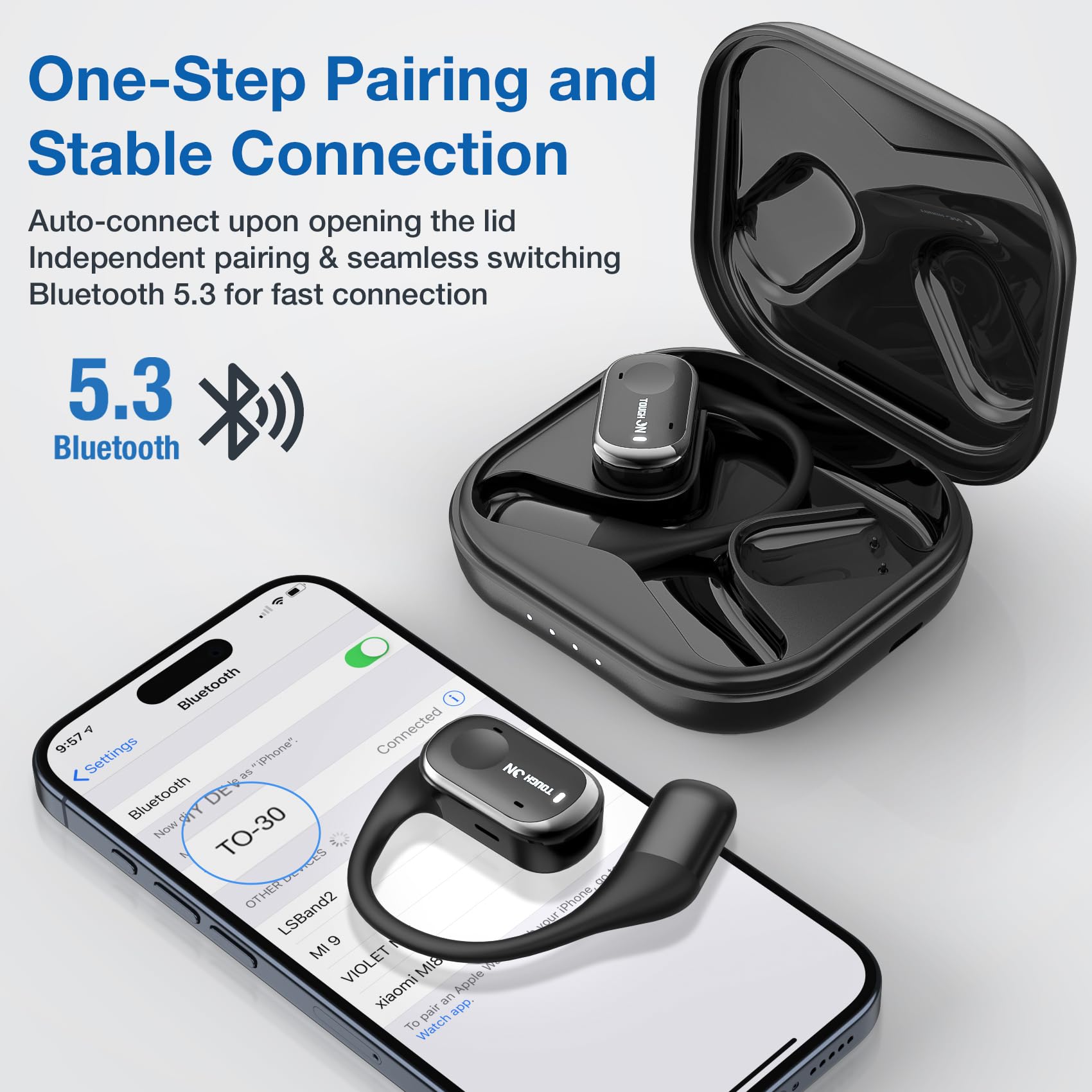 True Open Ear Bluetooth 5.3 Earbuds with Mic & ENC - 45H Playtime for Gym/Running