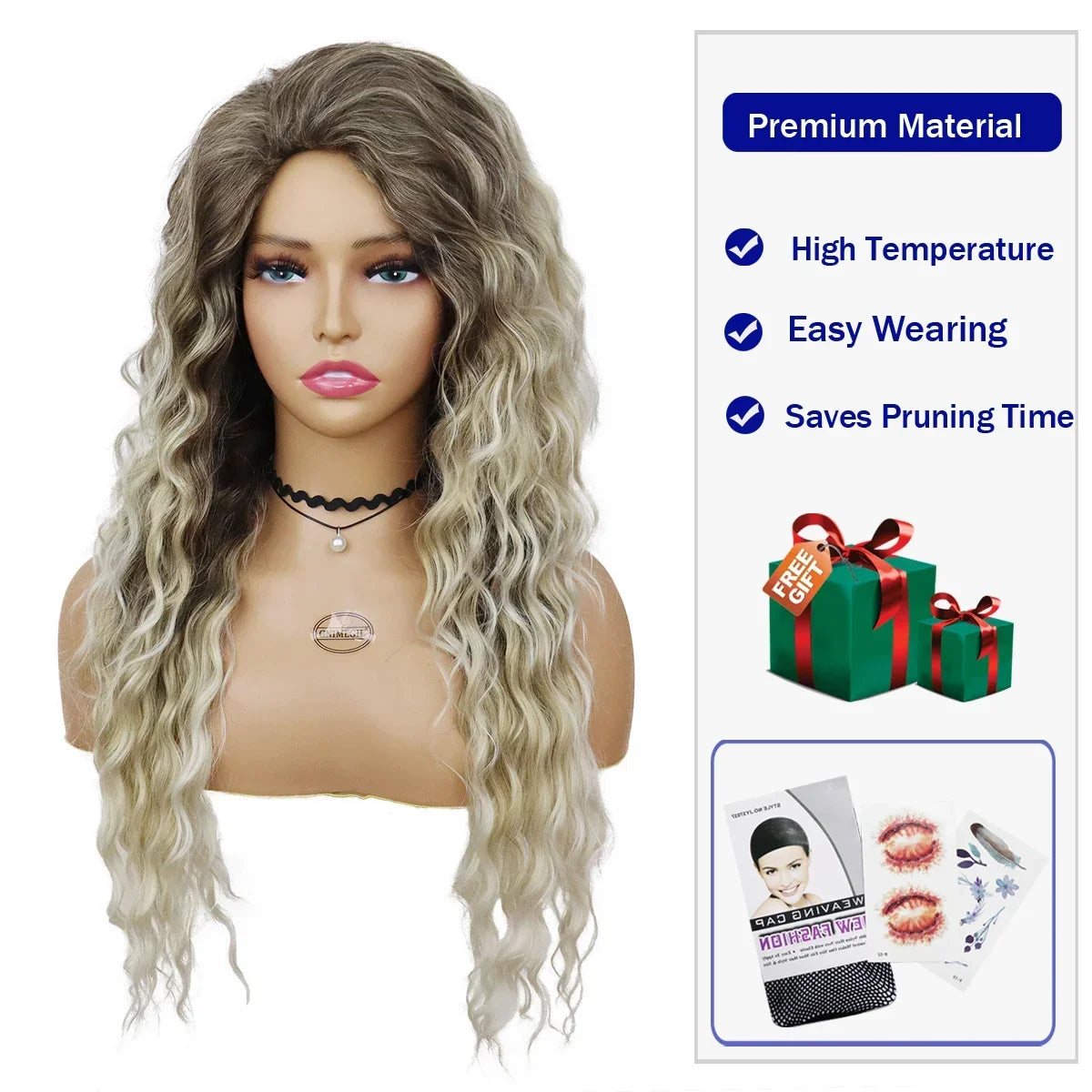 Ash Blonde Synthetic Long Curly Wig for Women - Fluffy Ombre Wave Hairstyle | Perfect for Costume Parties, Carnival, Cosplay & Daily Fashion