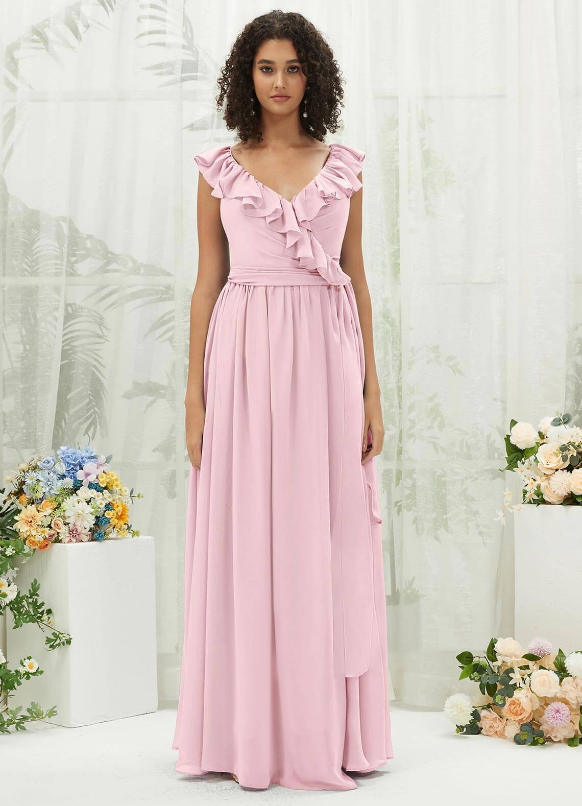 Elegant Blush Chiffon Bridesmaid Dress with Ruffle Details & Cross Straps - Perfect for Weddings, Formal Events & Special Occasions