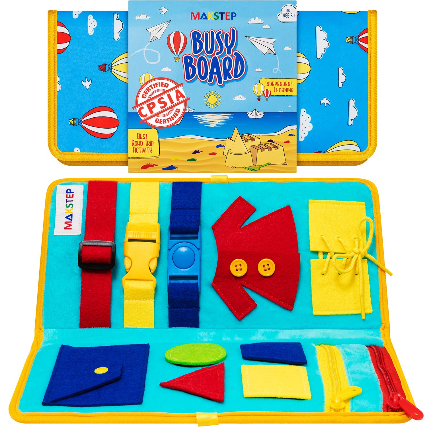Montessori Busy Board for Toddlers - Educational Sensory Toy with Buckles, Zippers, Buttons & Laces - Fine Motor Skills Development for 3 4 5 Year Old Boys & Girls - Autism Learning Activity - Perfect for Travel, Preschool & Home Play (Air Balloon Design)