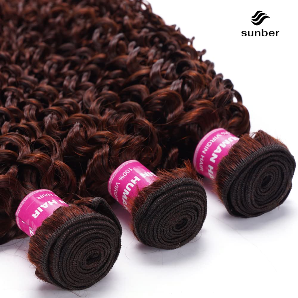 Sunber 100% Brazilian Virgin Human Hair Weave Bundles - Reddish Brown Auburn Copper 33B Color (12/14/16 Inch) Jerry Curly Remy Hair for Sew-in Extensions | Perfect for Natural-Looking Volume, Protective Styling & Everyday Glam