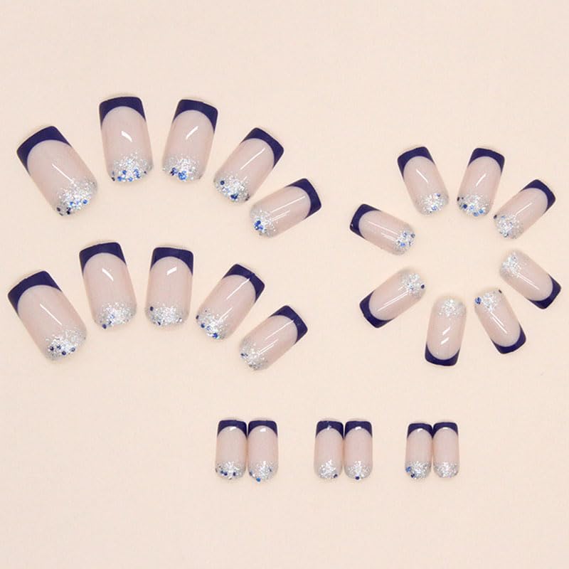 Short Square Press on Nails with French Tip & Glitter Design - 24Pcs Dark Blue Acrylic Fake Nails for Women, Full Cover Stick on Artificial Nails - Perfect for Daily Wear, Parties, Weddings & Special Occasions