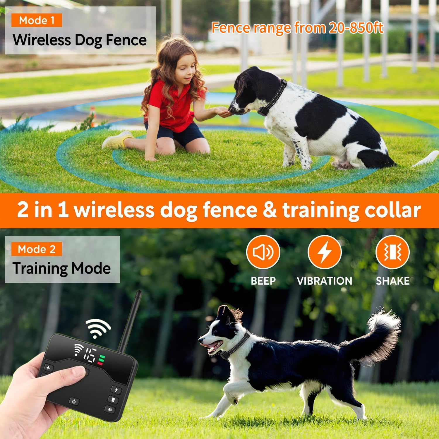 Wireless Dog Fence & Remote Training Collar - 2-in-1 Waterproof Rechargeable Containment System for Dogs | Perfect for Yard Safety & Obedience Training (1 Dog)