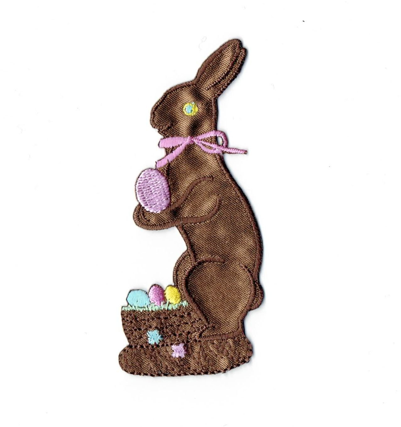 Easter Bunny Iron On Patch - Chocolate Rabbit with Basket & Eggs Embroidered Applique - Perfect for DIY Crafts, Costumes, and Holiday Decorations