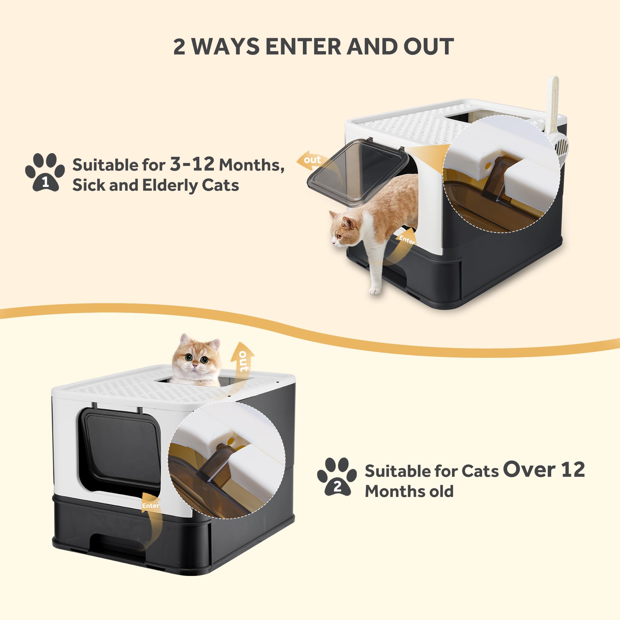 Foldable Cat Litter Box with Lid & Scoop - Extra Large Top Entry Enclosed Kitty Litter Box for Indoor Cats - Black - Perfect for Small Spaces & Multi-Cat Homes - LIVINGbasics