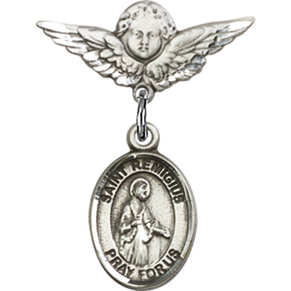 Sterling Silver Baby Badge with St. Remigius of Reims Charm & Angel Wing Pin - 7/8
