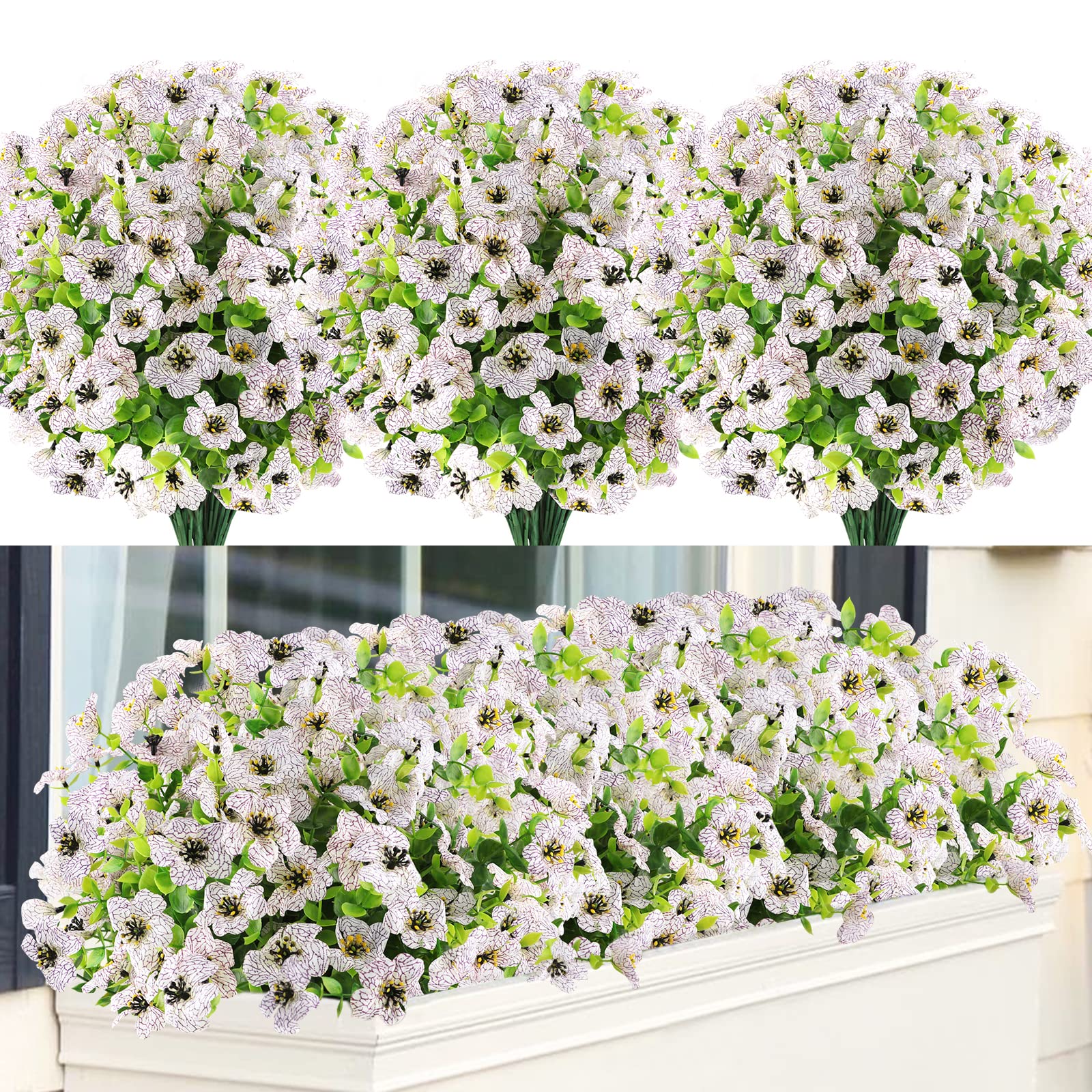 GREENRAIN 9 Bundles UV Resistant Artificial Flowers - Fake Outdoor Plants for Garden, Window Box, Porch Decor - Faux Plastic Flowers for Home, Wedding, Party Decoration (White)