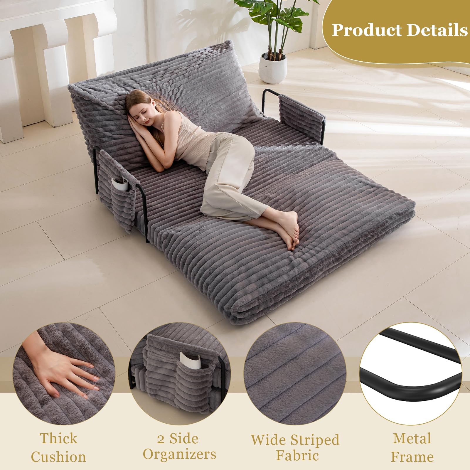 MAXYOYO Adjustable Lazy Floor Sofa - 5 Position Foldable Sleeper Chair with Armrest, Grey | Comfortable Floor Lounger for Living Room, Bedroom & Small Spaces | Perfect for Reading, Napping & Relaxing