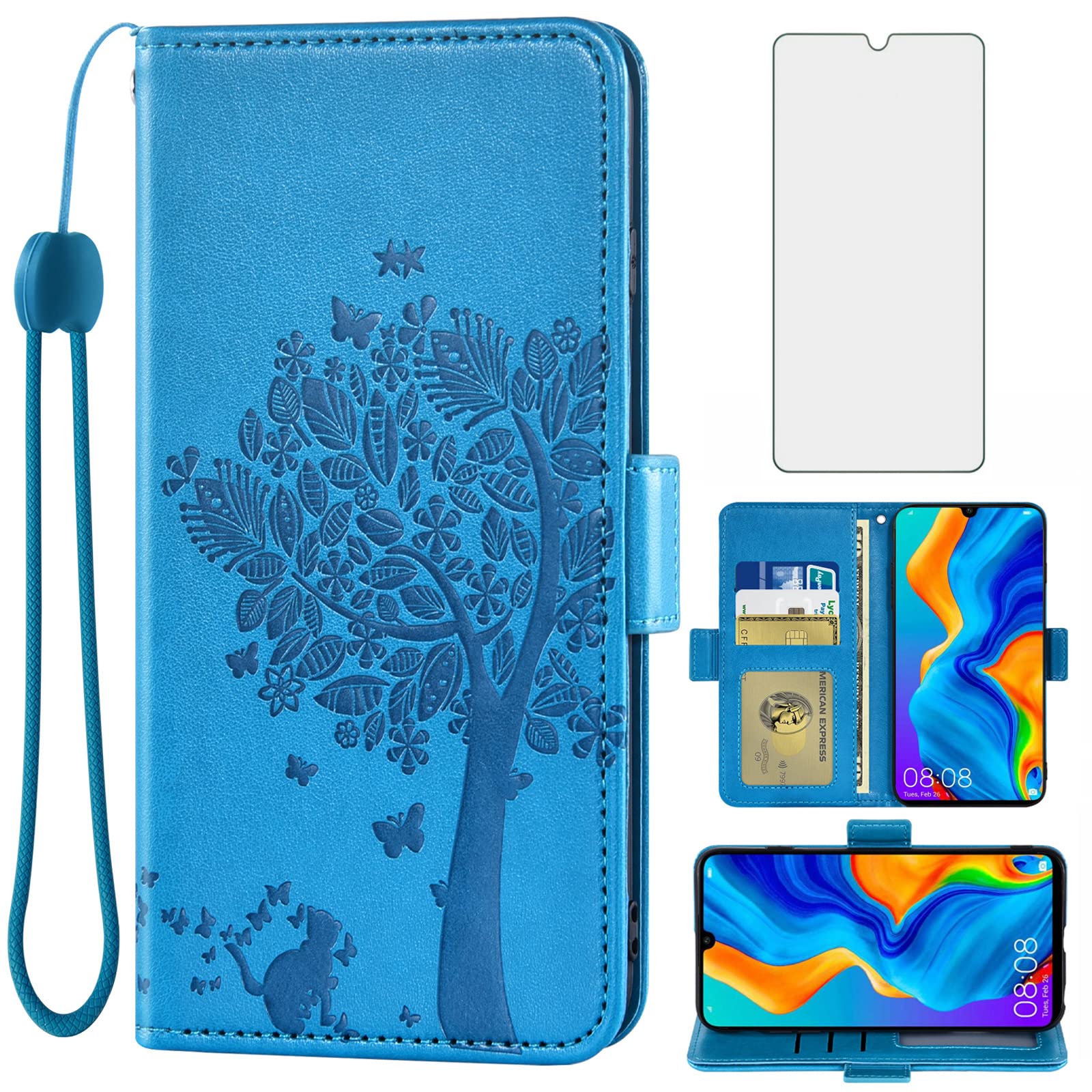 **ASUWISH Huawei P30 Lite Wallet Case with Tempered Glass Screen Protector - Flip Cover with Card Holder, Wrist Strap & Stand Function - Protective Phone Case for Women & Men (Blue) - Perfect for Work, Travel & Daily Use**