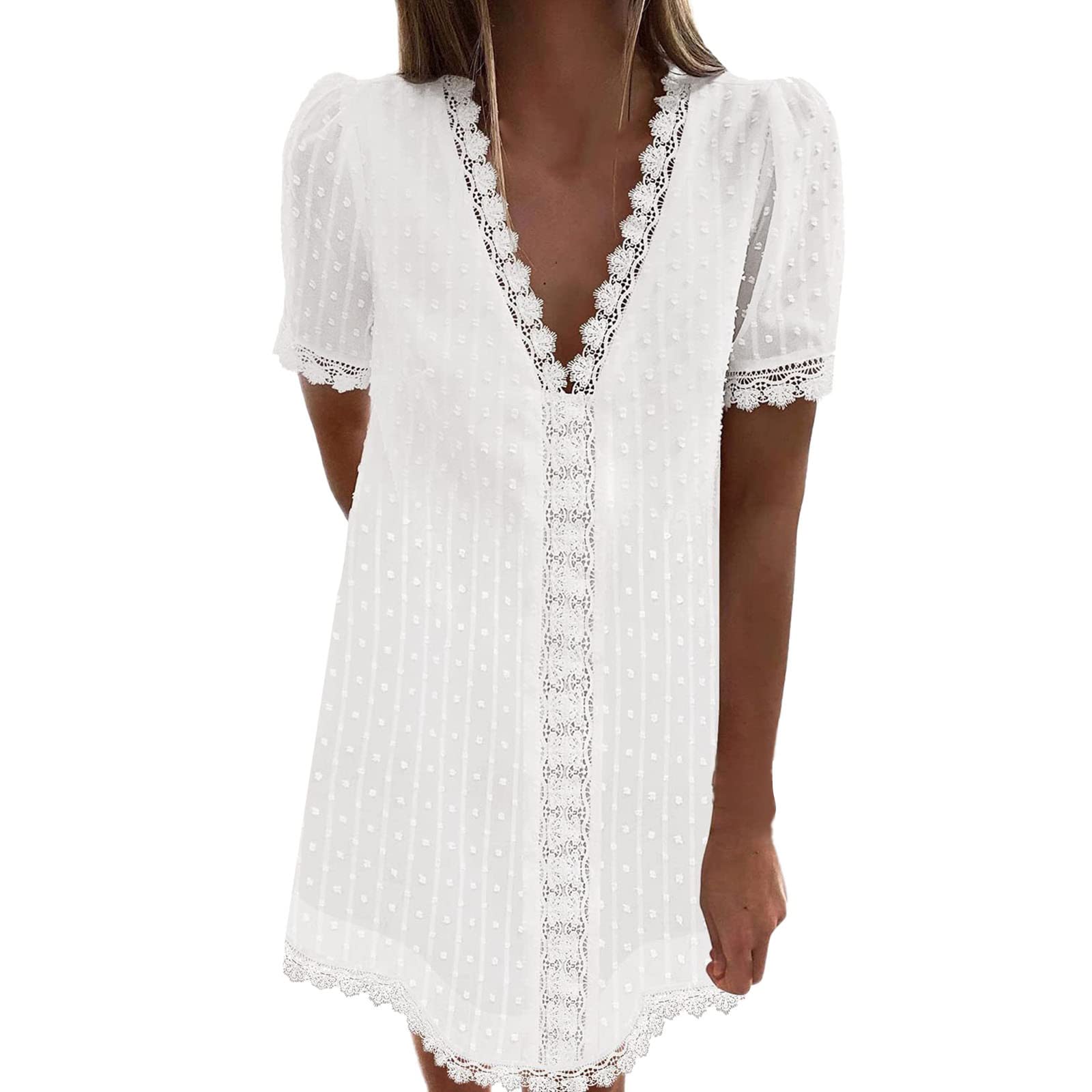 Women's Chiffon Dot Lace Mini Dress - V Neck Short Sleeve Summer & Fall Casual Dress for Women | Perfect for Beach Vacations, Date Nights & Office Wear