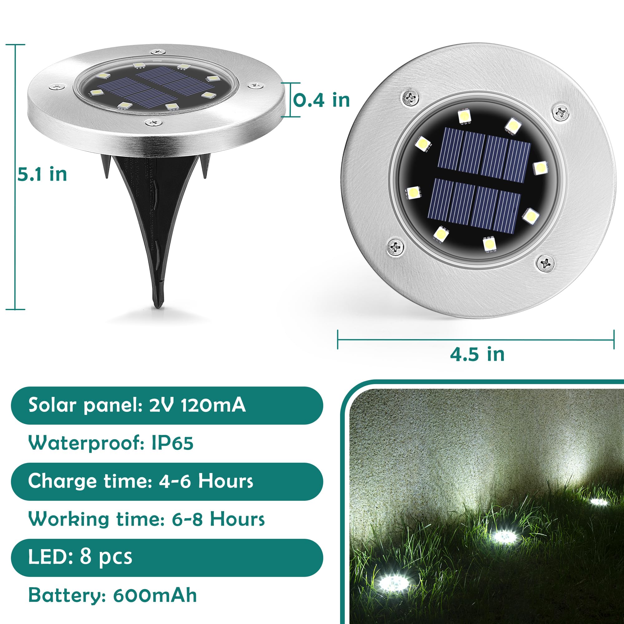 12 Pack Solar Ground Lights Outdoor Waterproof - Solar Powered Garden Pathway Lights for Yard, Patio, Driveway & Walkway | Cool White LED Landscape Lighting for Nighttime Safety & Ambience