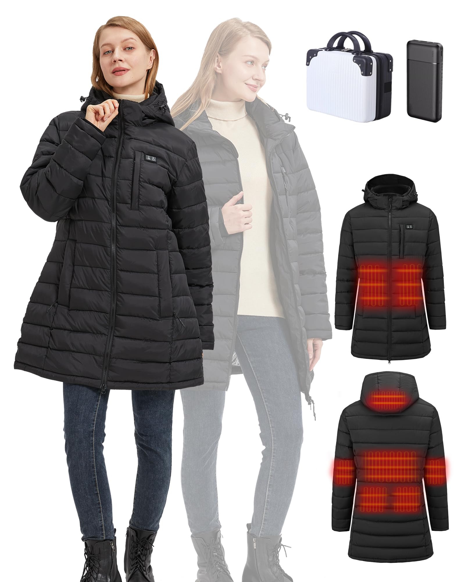 Women's Heated Jacket with Rechargeable Battery Pack - Winter Warm Electric Coat for Outdoor Activities (Hiking, Skiing, Camping)