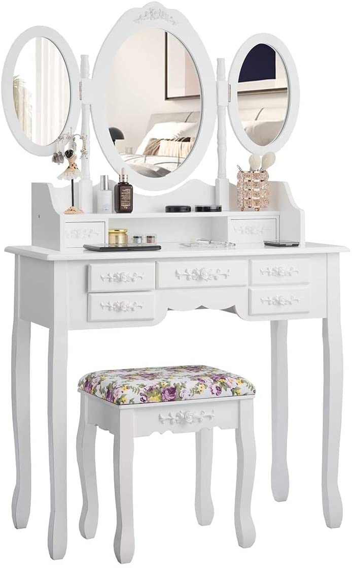 LDAILY Vanity Table Set with Cushioned Stool - White Makeup Dressing Table with Tri-Folding Oval Mirror, 7 Storage Drawers & Detachable Writing Desk for Women & Girls | Perfect for Bedroom, Dressing Room & Home Beauty Station