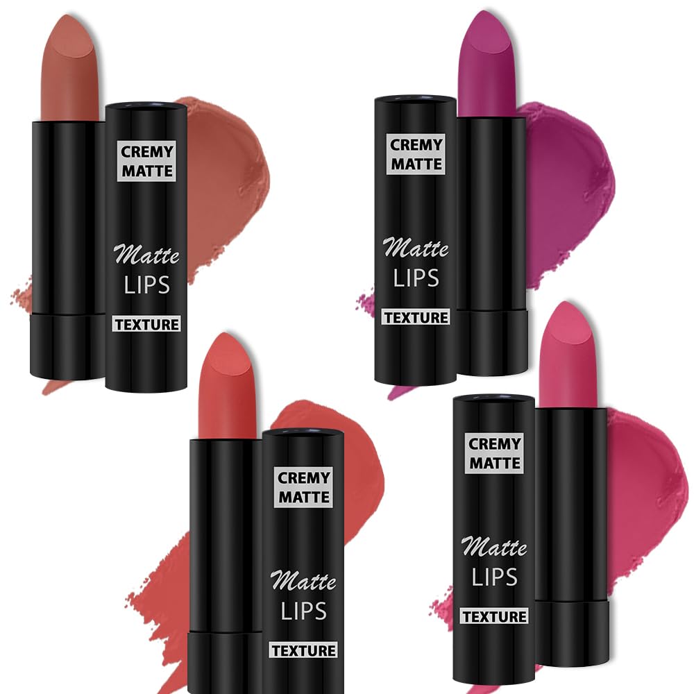 Cremy Matte Stick Lipstick with Jojoba Oil & Vitamin E - 4 Colors Set (Rose Magenta, Pink Fusion, Caramel, Velvet Orange) - 3.5g Each - Long Lasting & Moisturizing - Perfect for Daily Wear, Parties & Special Occasions
