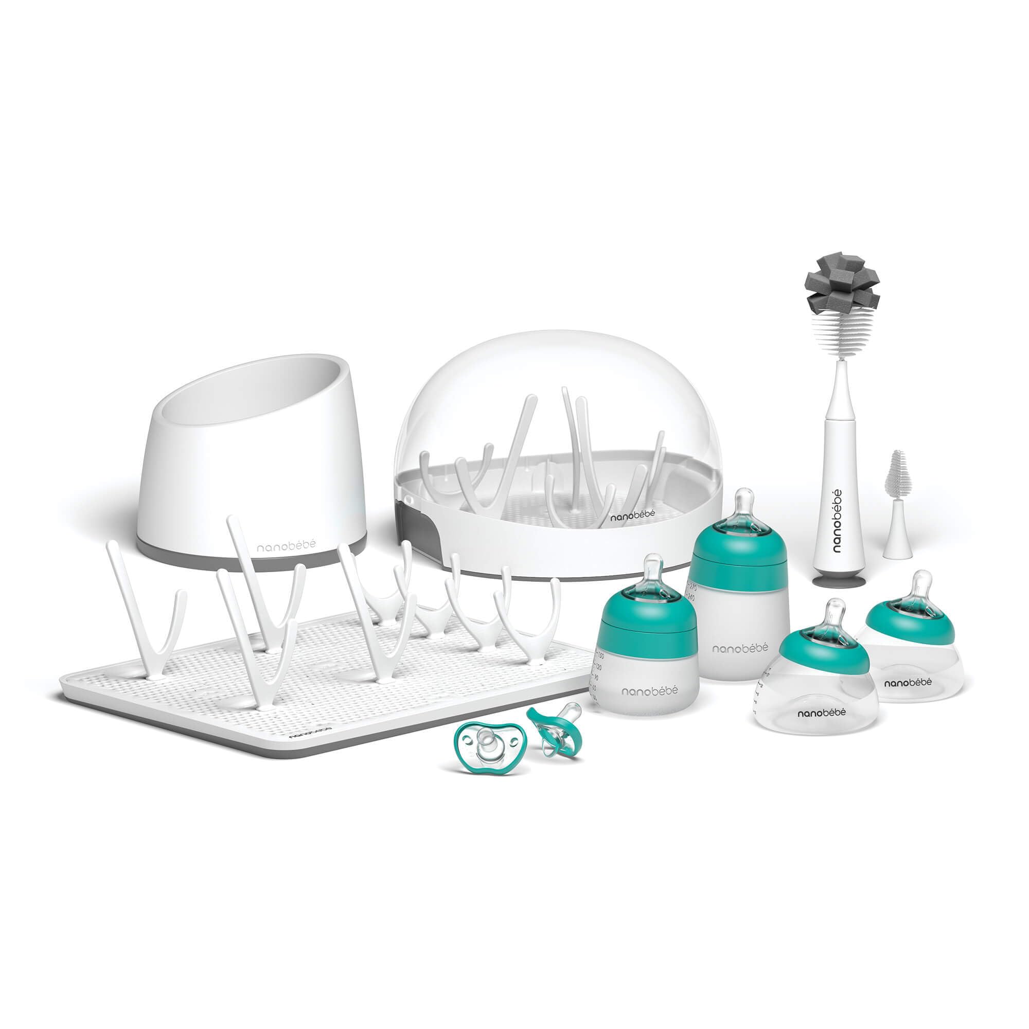 Nanobébé Breastmilk Storage and Silicone Baby Bottle Set (5oz & 9oz) with Sterilizer, Drying Rack, Anti-Colic Nipples, Pacifiers & Warmer - Teal/Grey - Perfect for Newborns, Breastfeeding Moms & Daycare Essentials