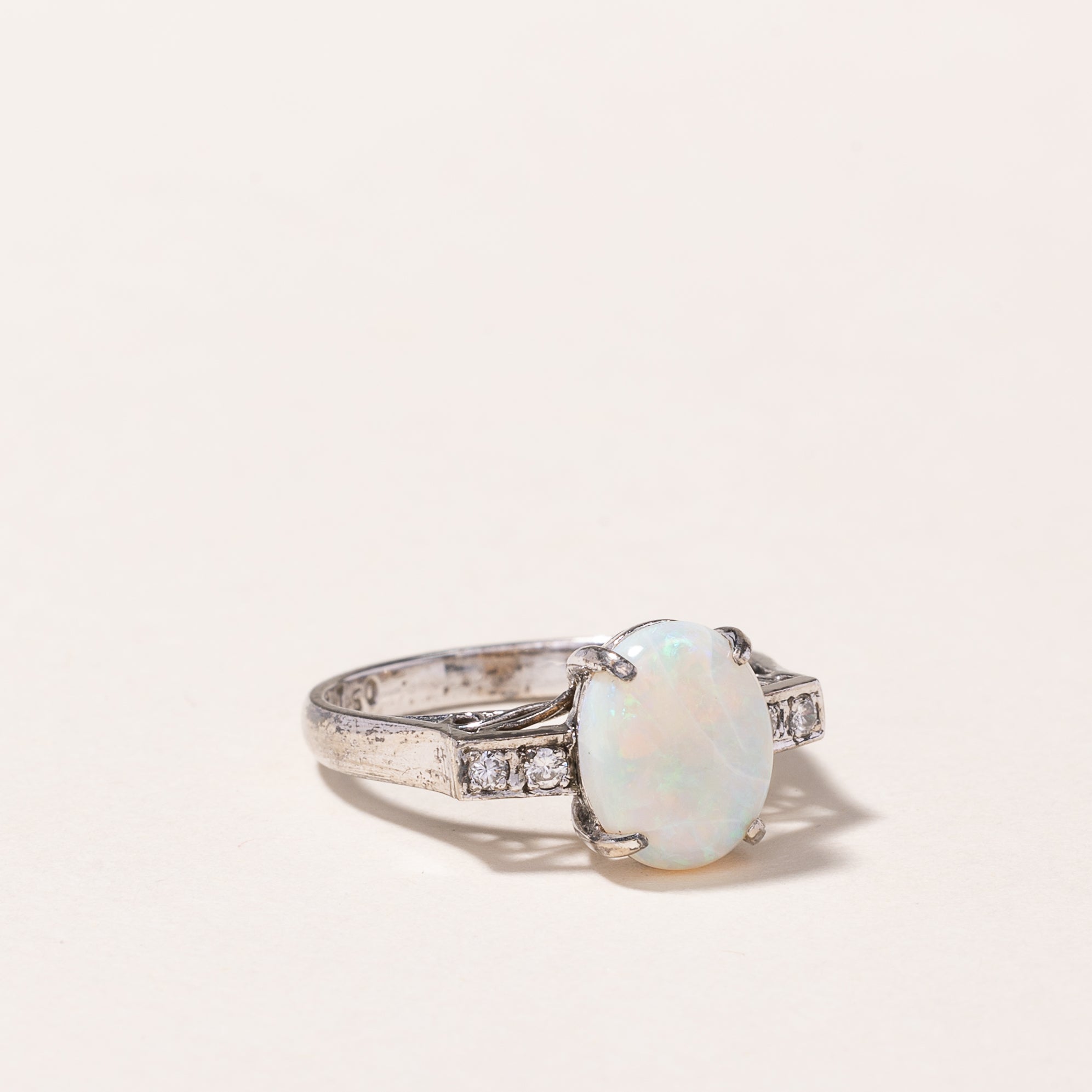 18K White Gold Opal and Diamond Ring - 1.29ct Opal with 0.06ctw Diamonds - Size 5.5 - Elegant Wedding, Engagement & Anniversary Jewelry Gift for Her