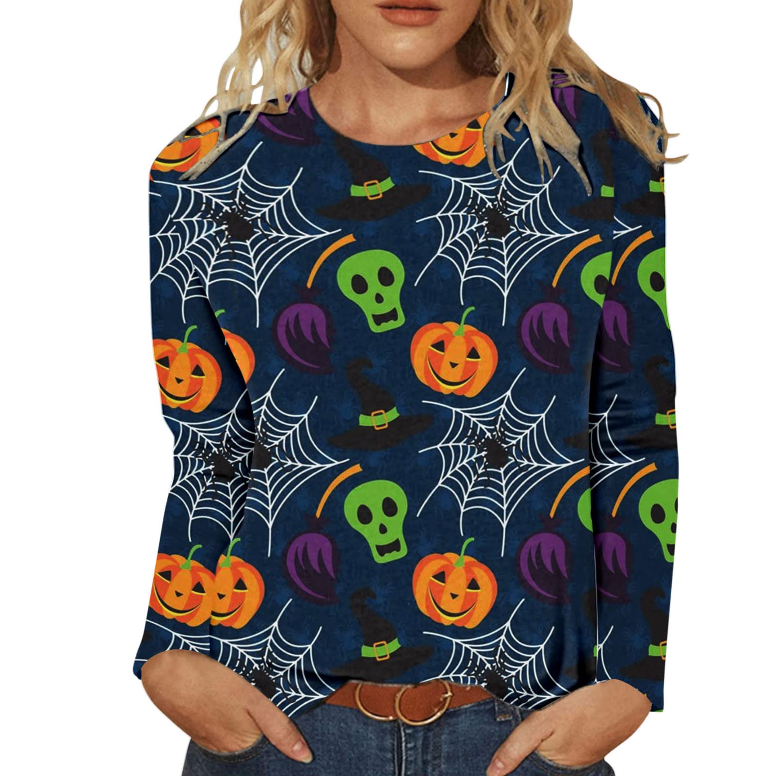 Women's Halloween Casual Printed O-Neck Long Sleeve T-Shirt Blouse - Cute Fall Fashion Top for Costume Parties, Pumpkin Patch & Autumn Outfits
