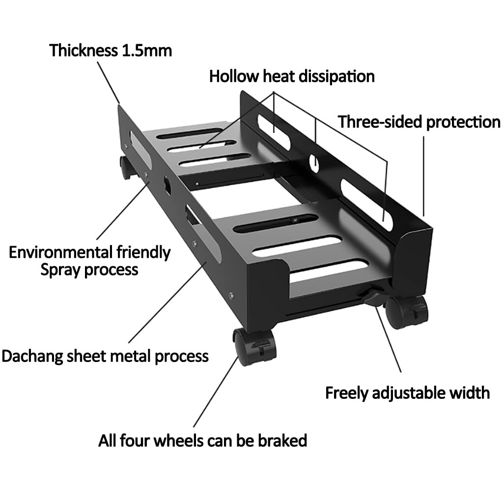 Adjustable PC Floor Stand with Locking Casters - Steel Rolling CPU Mount for Desktop Tower Computer (White, 63.6x23-34x14.1cm) - Perfect for Office, Gaming & Home Workspace Organization