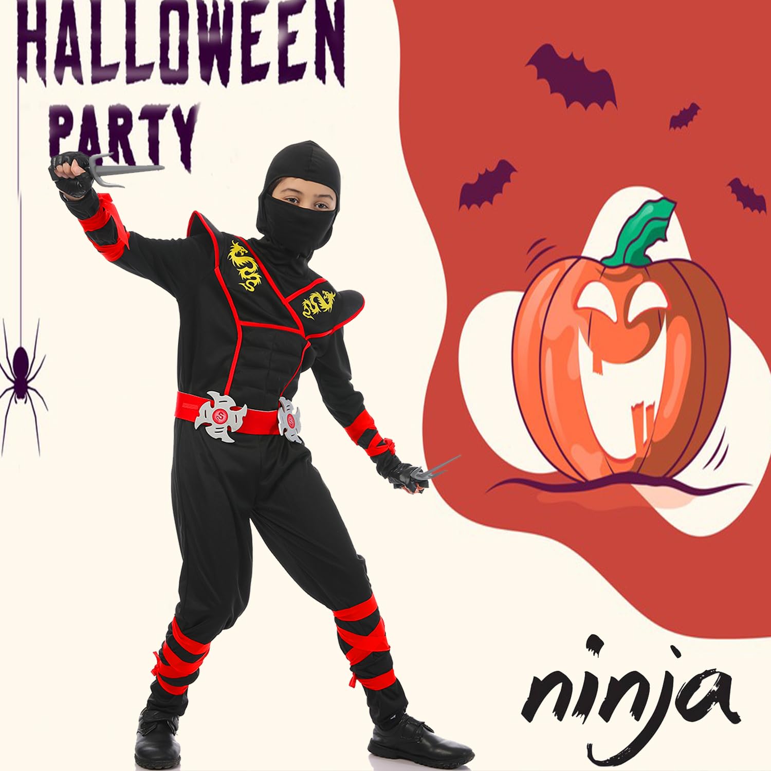 Boys Ninja Costume Set - Kids Halloween Ninja Outfit with Mask & Accessories | Cosplay Dress Up for Parties, Halloween & Role Play