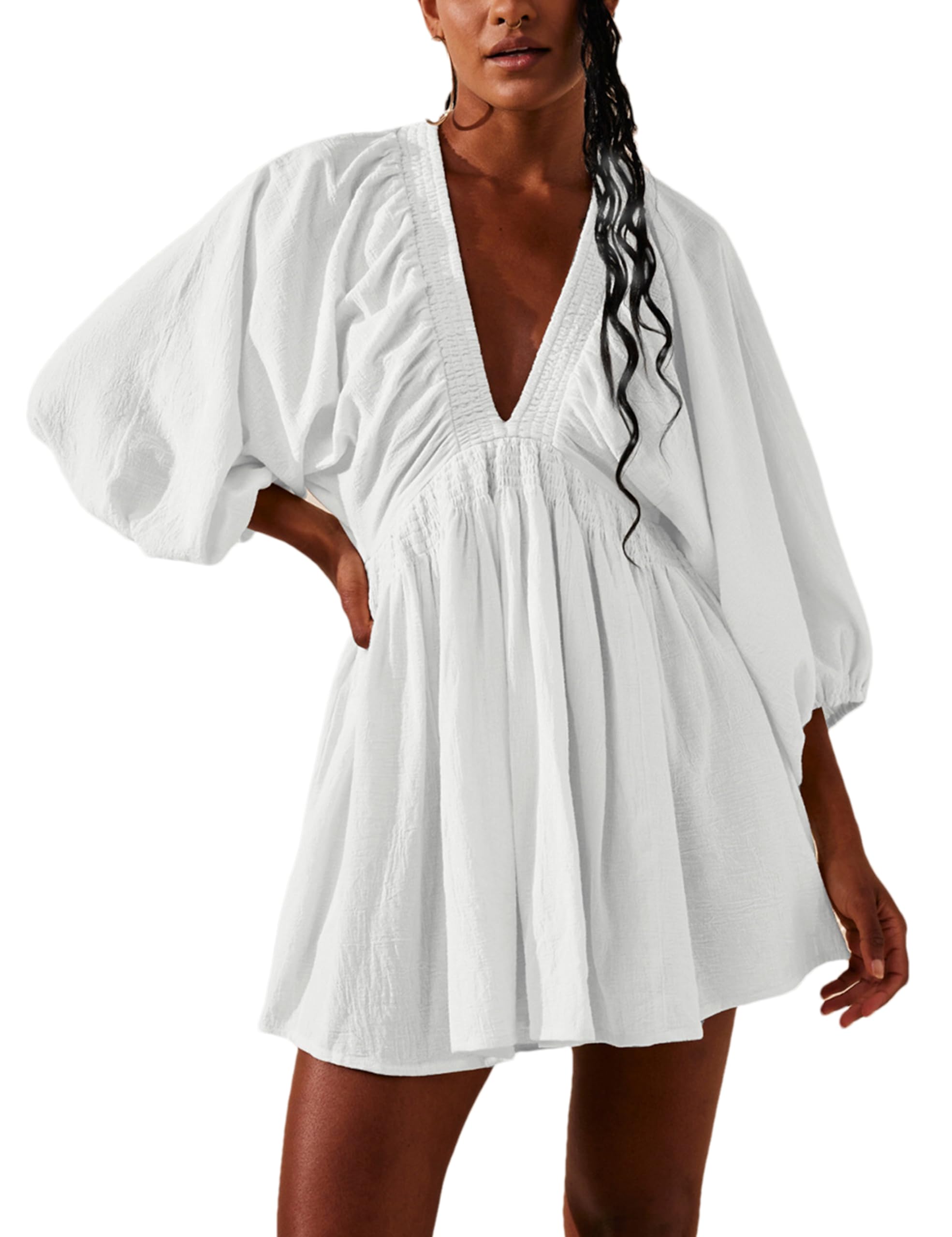 TikoMiko Women's 3/4 Sleeve V-Neck Tunic Dress - Casual Loose Flowy Mini Babydoll Dress for Spring & Summer 2025 | Perfect for Beach Outings, Brunch Dates & Weekend Getaways
