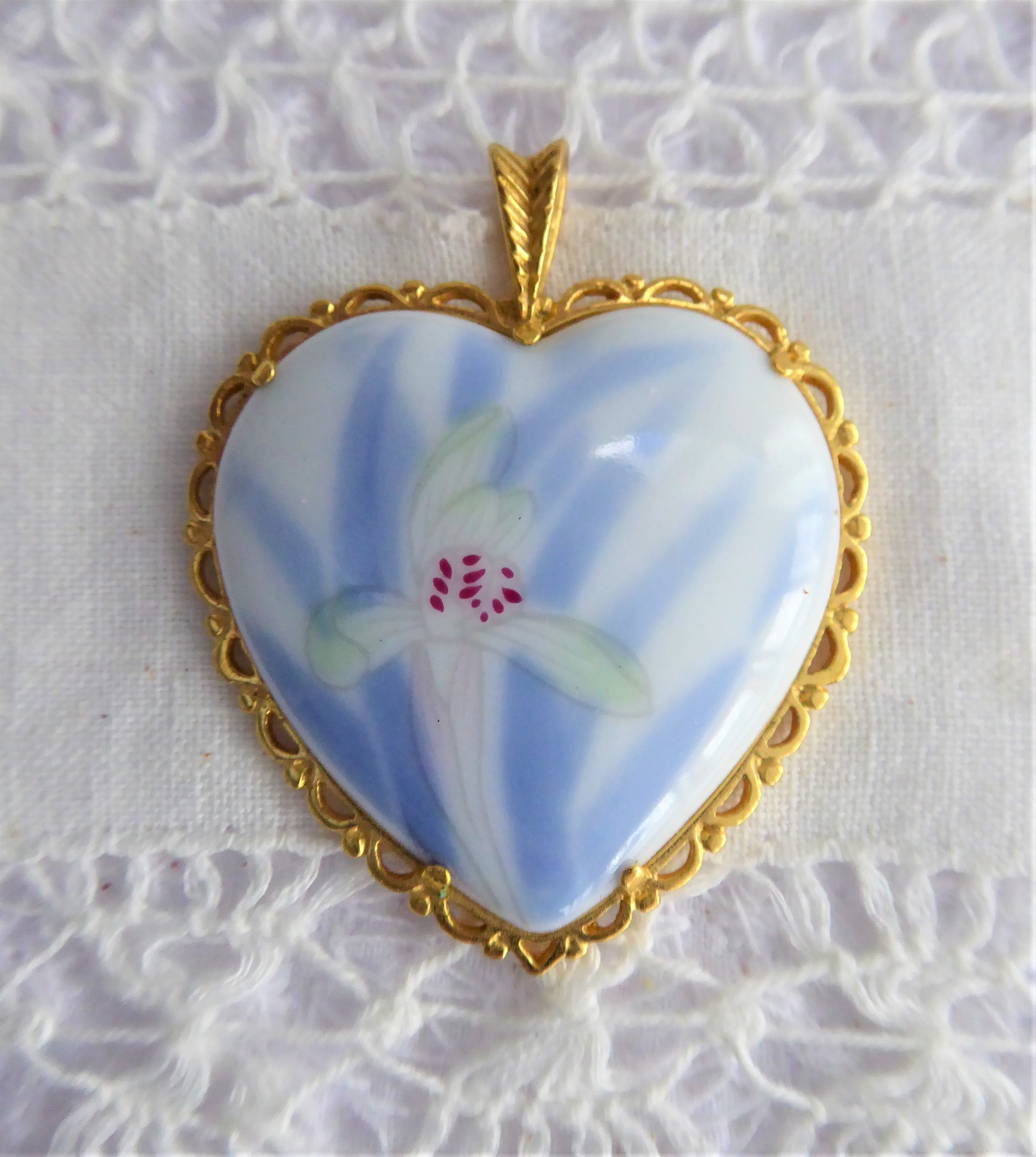 Hand Painted Orchid Porcelain Pendant Necklace - Vintage 1980s Blue & White Heart Design with 24K Gold Plating by Danbury Mint - Perfect for Gift Giving, Collectors & Special Occasions