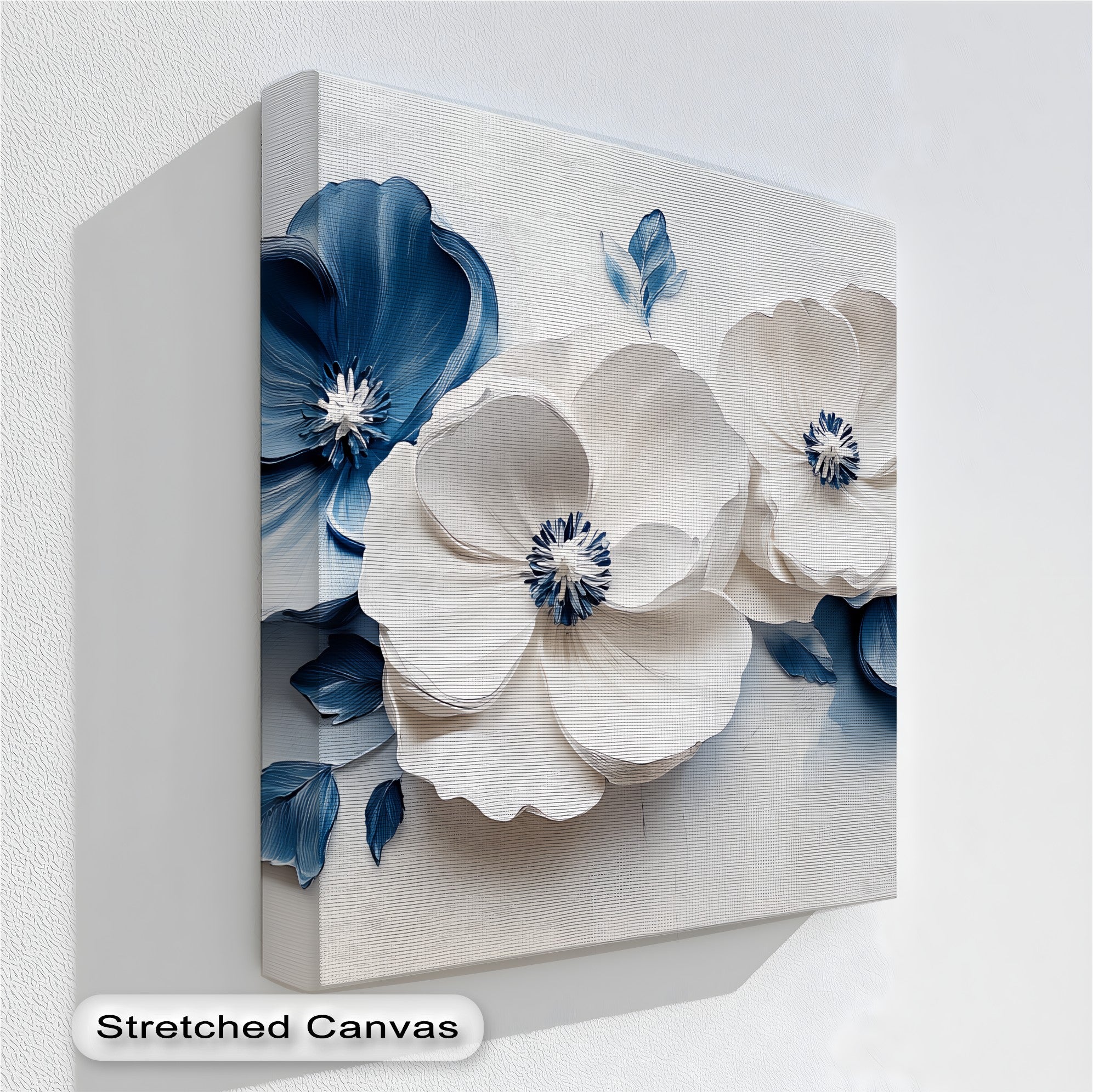 Blue Serenity Blooms Floral Canvas Wall Art - Navy & White Botanical Painting for Living Room, Bedroom Decor | Home & Office Wall Hanging