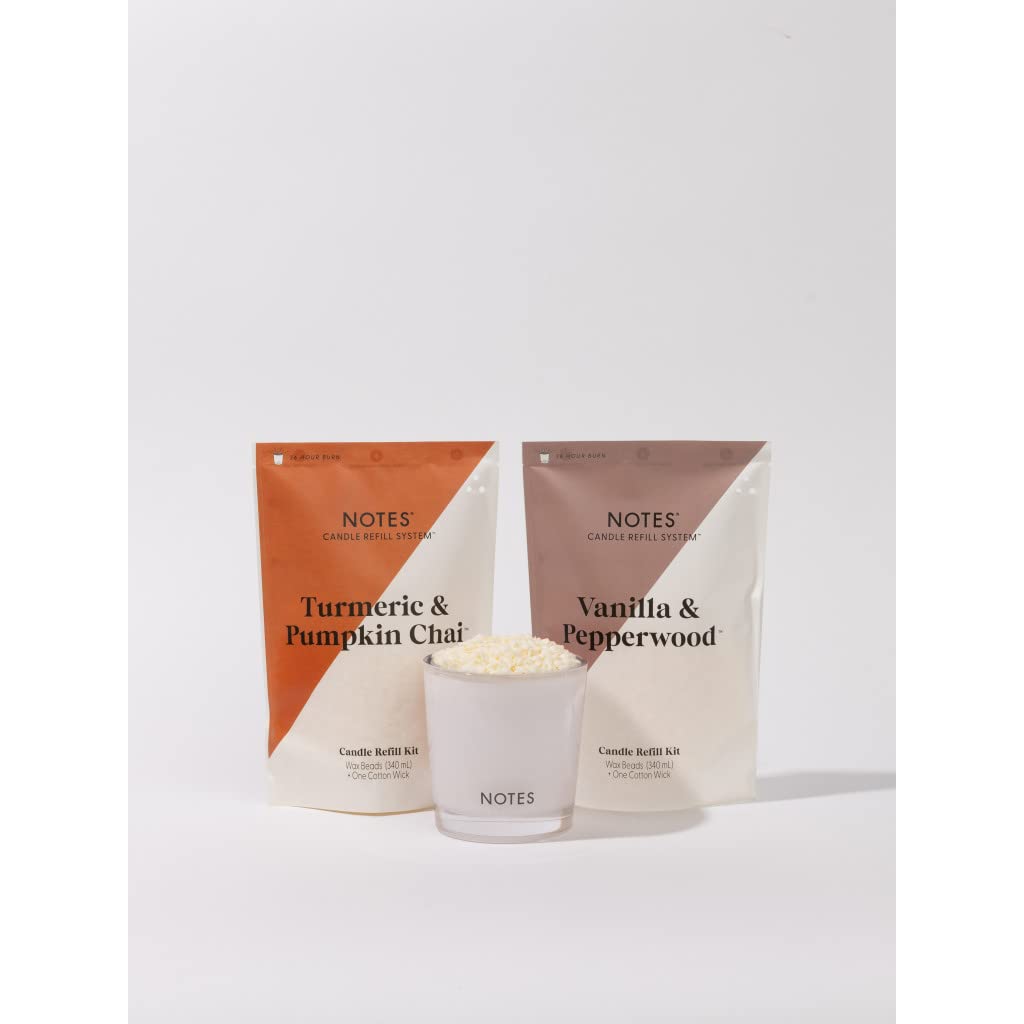 NOTES Sustainable Candle Starter Kit - Eco-Friendly Refillable Candles with Warm Cozy Duo Scents | 100% Natural Soy Wax | Turmeric Pumpkin Chai & Vanilla Pepperwood Fragrance | Perfect for Fall Decor, Home Aromatherapy, and Cozy Evenings