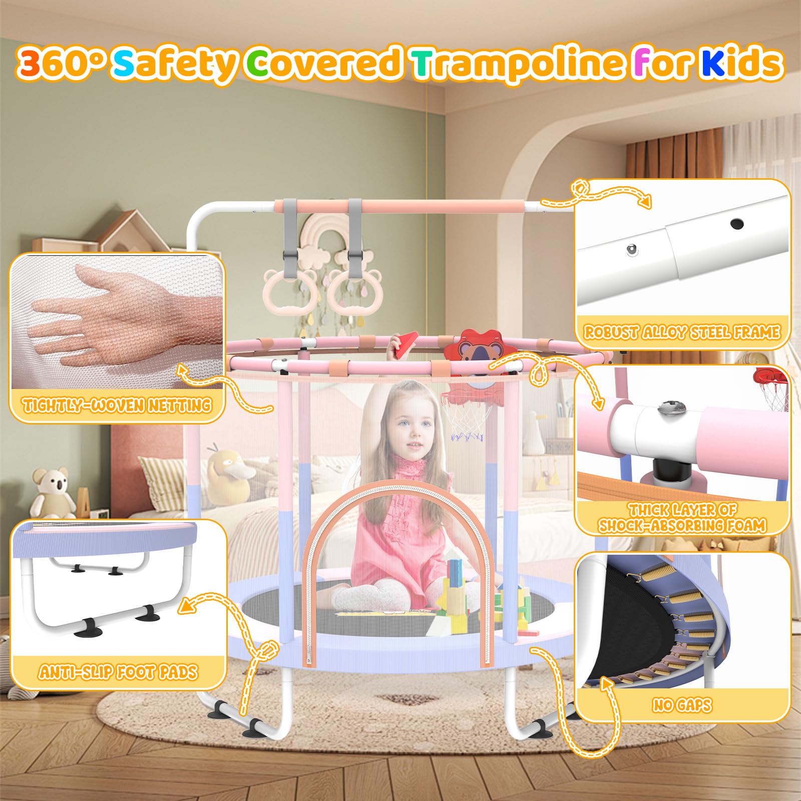 5FT Mini Trampoline for Kids Ages 3-6 | Indoor Toddler Trampoline with Safety Net & Adjustable Gym Bar | Perfect Birthday Gift for Boys & Girls | Great for Indoor Play, Exercise & Motor Skills Development