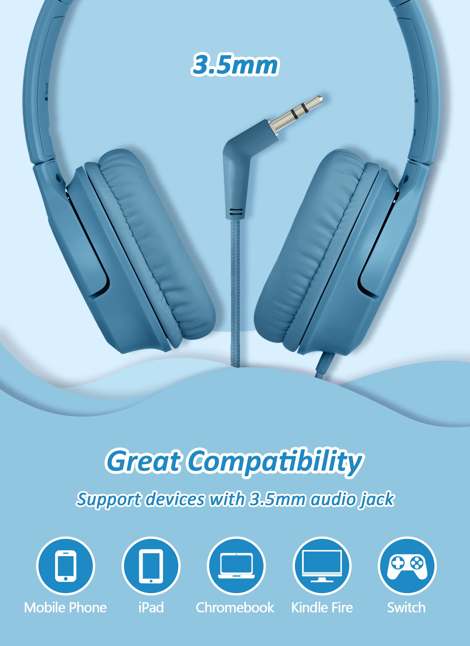 DyBaxa Kids Headphones Wired with 94dB Volume Limiter - Foldable Over-Ear Headset for Children, Safe for School, Online Classes & Travel - Compatible with Smartphones & Tablets via 3.5mm Jack (Dark Blue) - Perfect for Learning, Gaming & Airplane Use