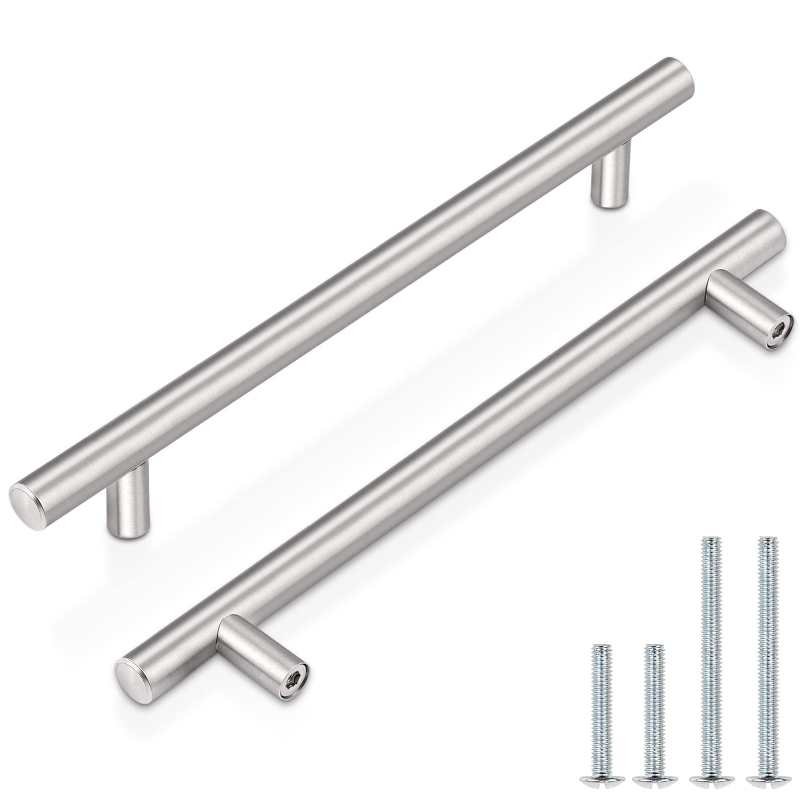 Probrico 12 Pack 7-1/2 Inch Brushed Nickel Kitchen Cabinet Handles - Round T Bar Cabinet Pulls & Black Drawer Handles for Cupboards (10 Inch Total Length) | Perfect for Modern Kitchens, Bathroom Vanities & Furniture Upgrades