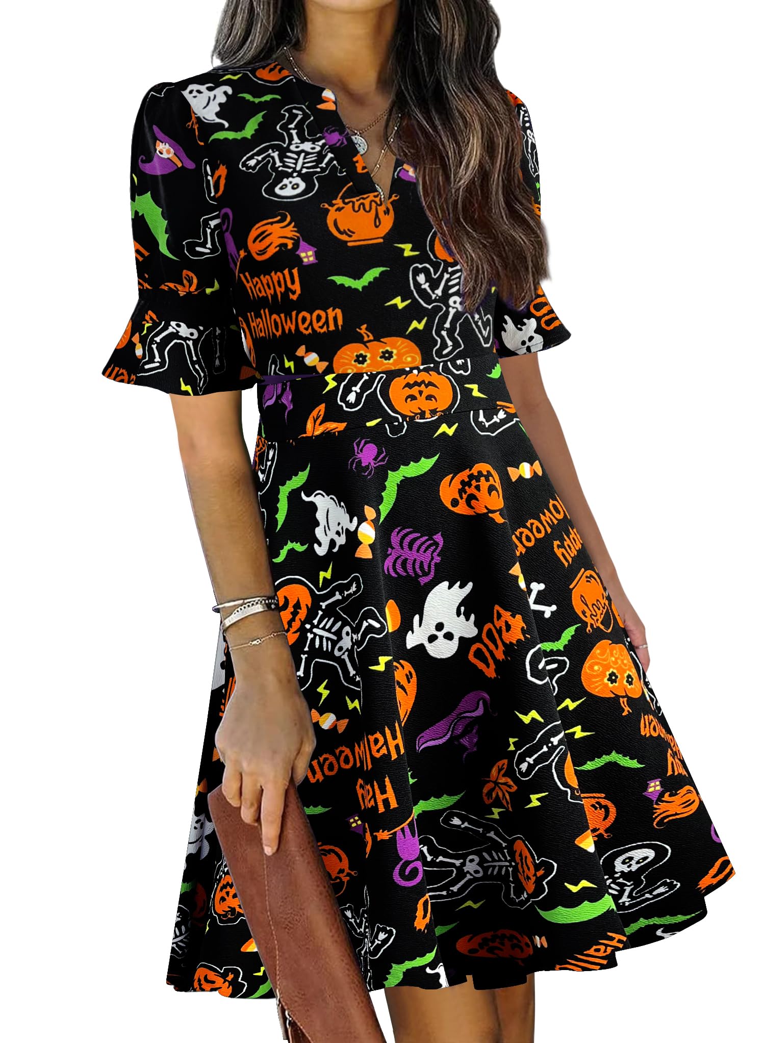 Mokayee Women's Summer V-Neck Ruffle Short Sleeve Fit and Flare Knee-Length Dress with Pockets - Perfect for Church, Wedding Guest, Party & Casual Wear
