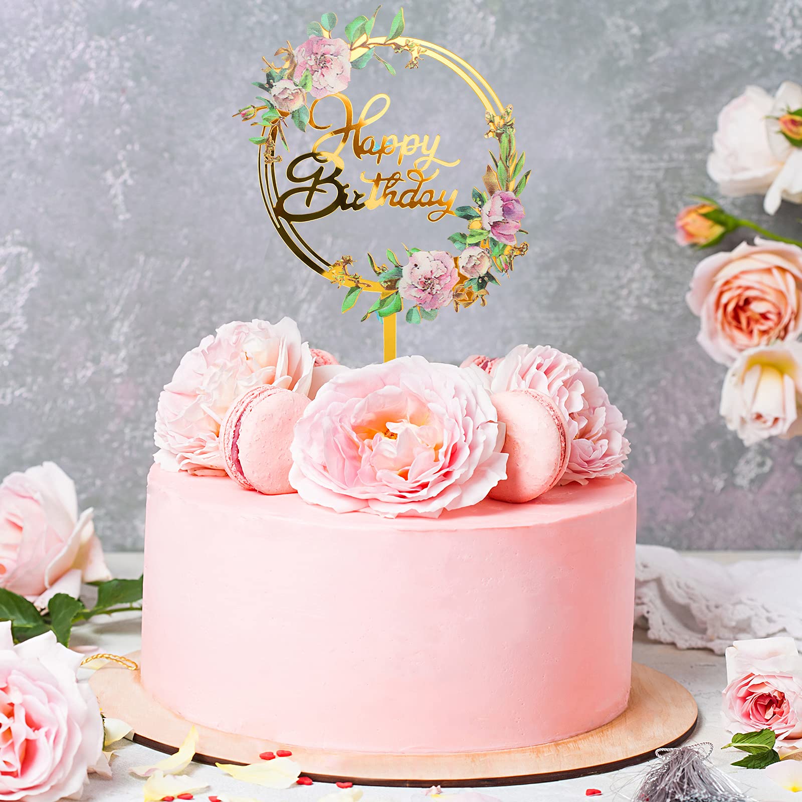 Jetec 6-Piece Gold Flower Acrylic Cake Toppers Set - Happy Birthday Cupcake Decorations for Parties, Anniversaries & Pastries | Perfect for Wedding, Baby Shower & Celebration Cakes