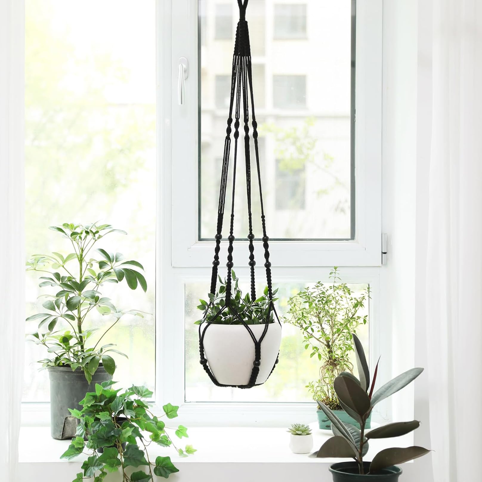 Macrame Plant Hanger 3 Pack - 35 Inch Handmade Cotton Rope Wall Hanging Planter with Beaded & Non-Tassel Design for Indoor & Outdoor Plants - Perfect for Herbs, Ferns, Ivy & Crawling Plants - Includes 3 Hooks for Stylish Home Decor, Boho Room & Garden Display