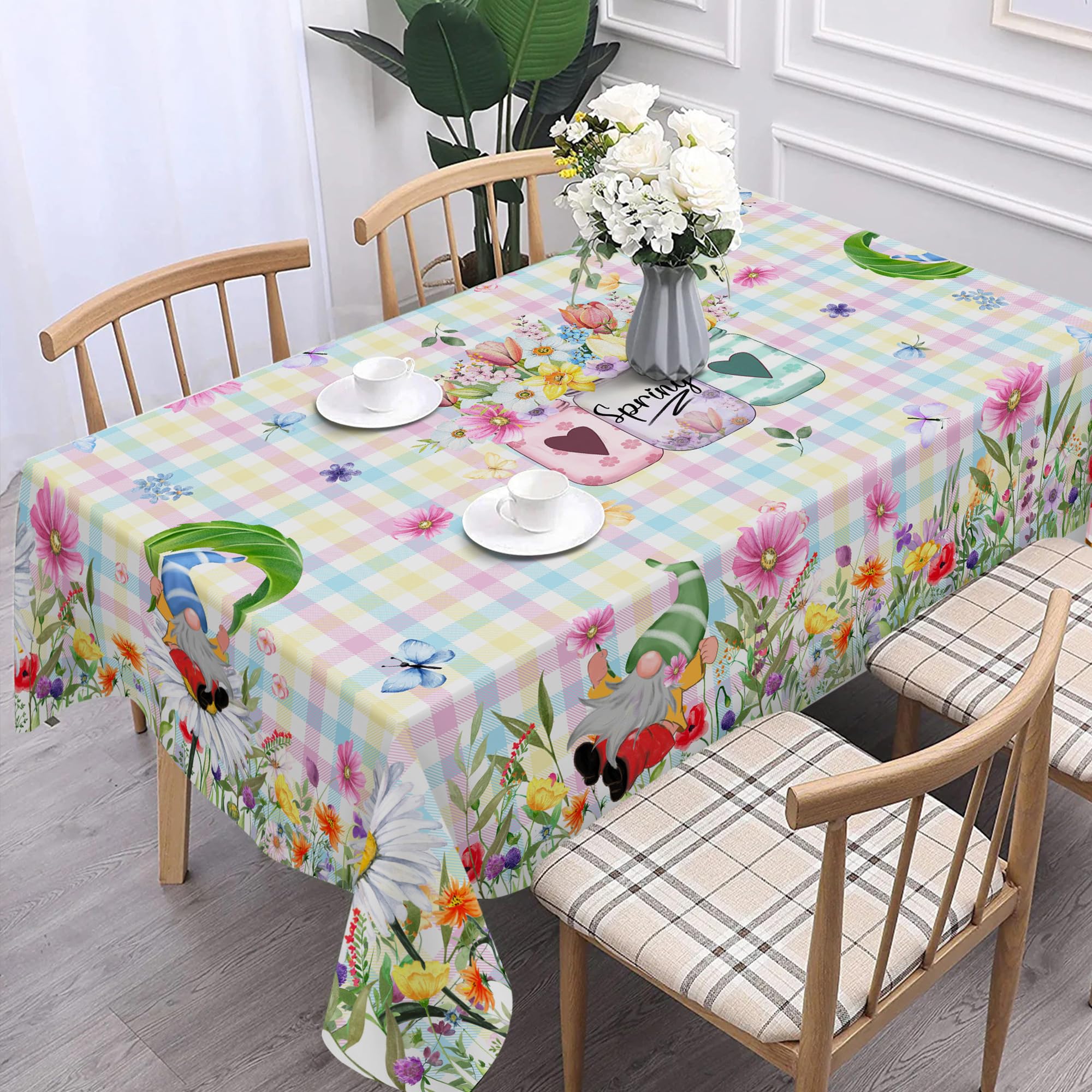 70 Inch Round Spring Tablecloth with Gnome Flowers & Buffalo Check Plaid - Waterproof Kitchen Table Cover for Dining Room Decor, Indoor Outdoor Party & Easter Celebration