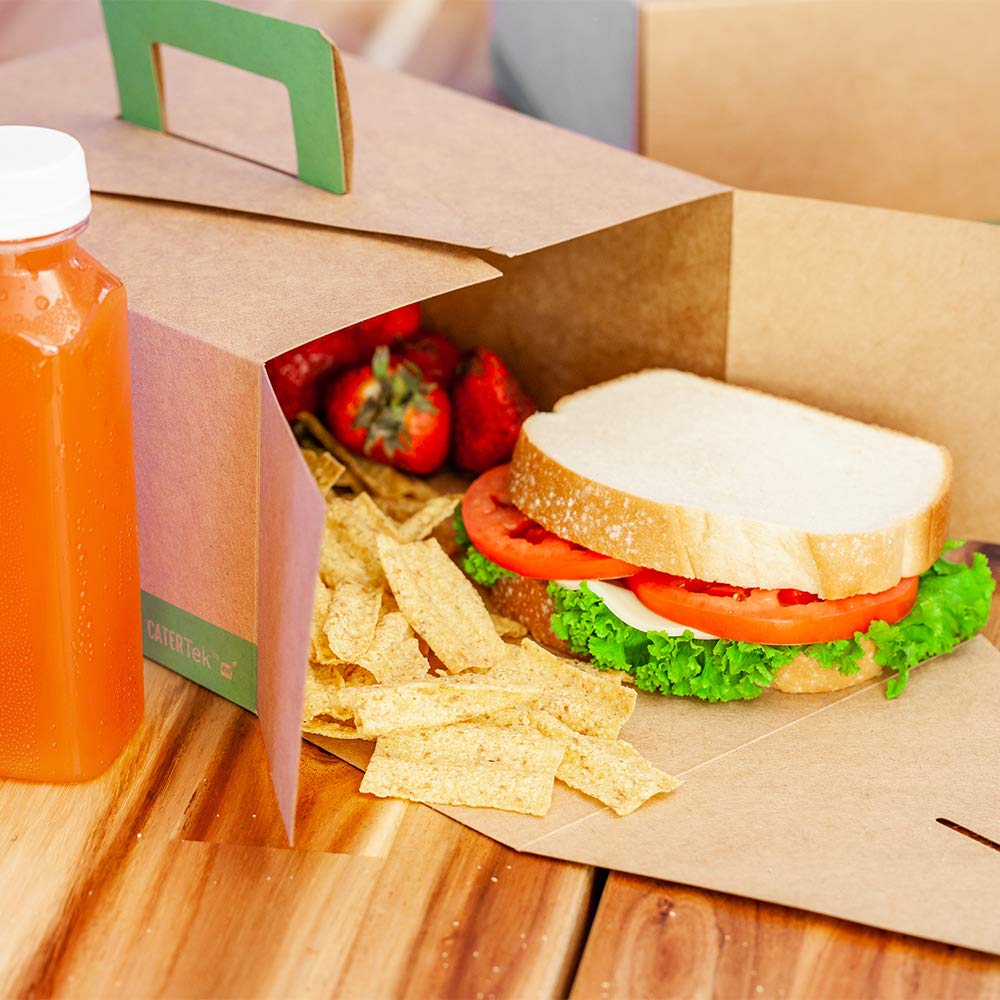 Restaurantware Cater Tek 9 x 7 x 3 Inch Eco-Friendly Takeout Food Containers - 100 Pack Grease-Resistant Kraft & Green Paper To-Go Boxes with Handle for Meals, Snacks, Baked Goods | Perfect for Restaurants, Catering, Food Trucks & Picnics