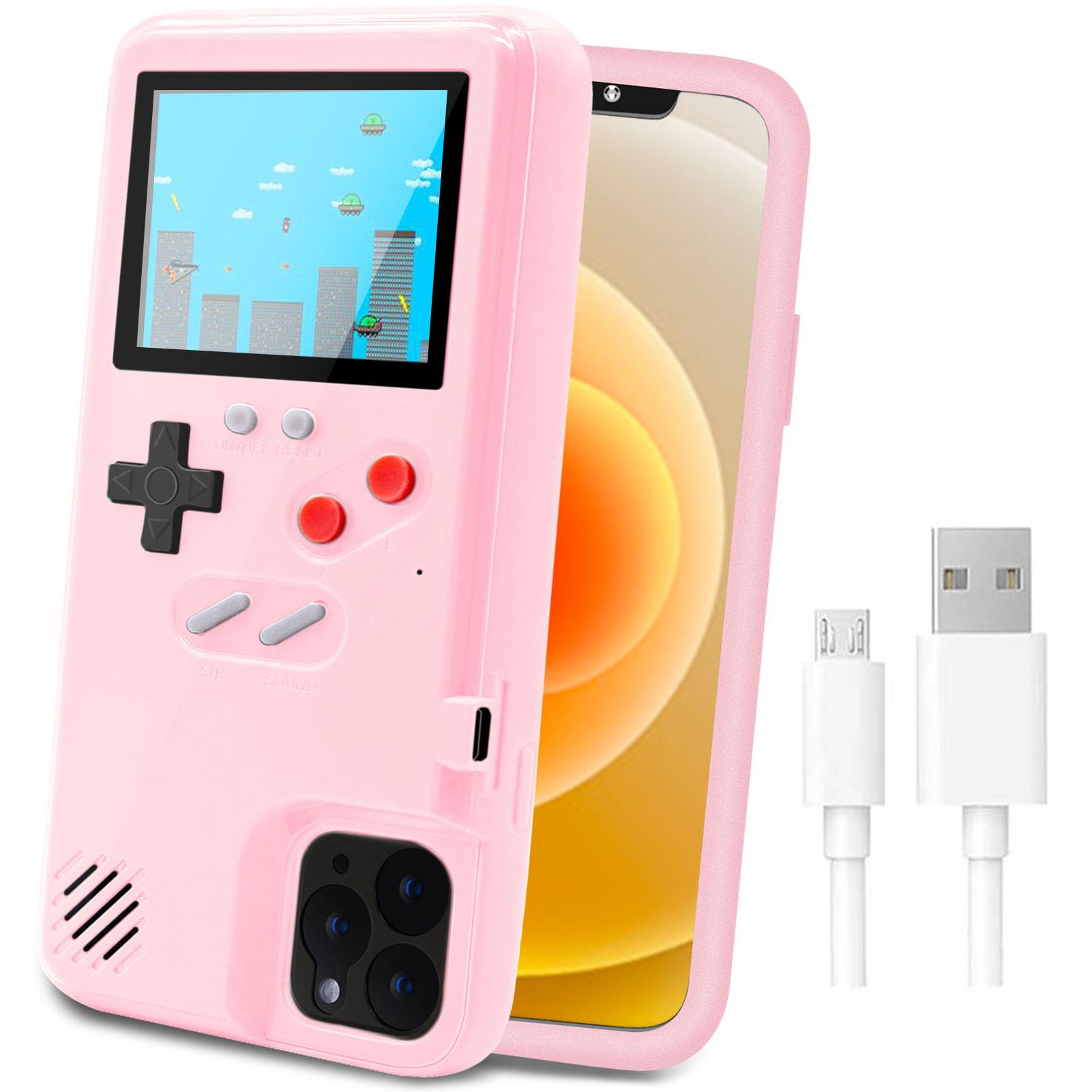 LucBuy Retro Game Console Case for iPhone 13 Pro Max - Self-Powered Protective Cover with 36 Classic Games, Full Color Display & Shockproof Bumper (Pink) | Perfect for Gaming Enthusiasts & Nostalgic Entertainment On-the-Go