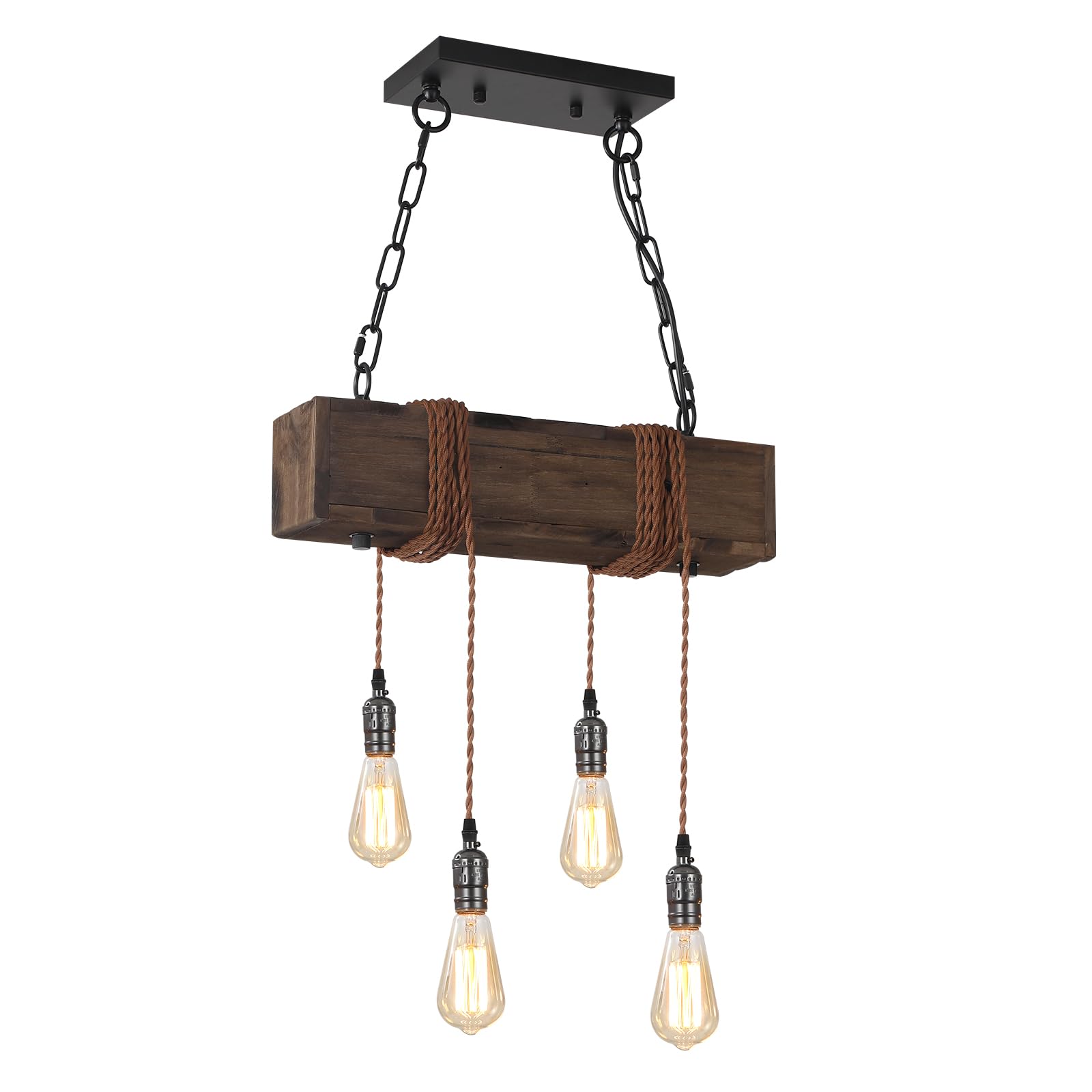 KEESFU 4-Lights Farmhouse Pendant Lighting for Kitchen Island - Adjustable Rustic Wood Ceiling Chandelier - Perfect for Dining Room, Bar, Pool Table & Cabin Decor - Ideal for Farmhouse, Industrial & Vintage Style Homes