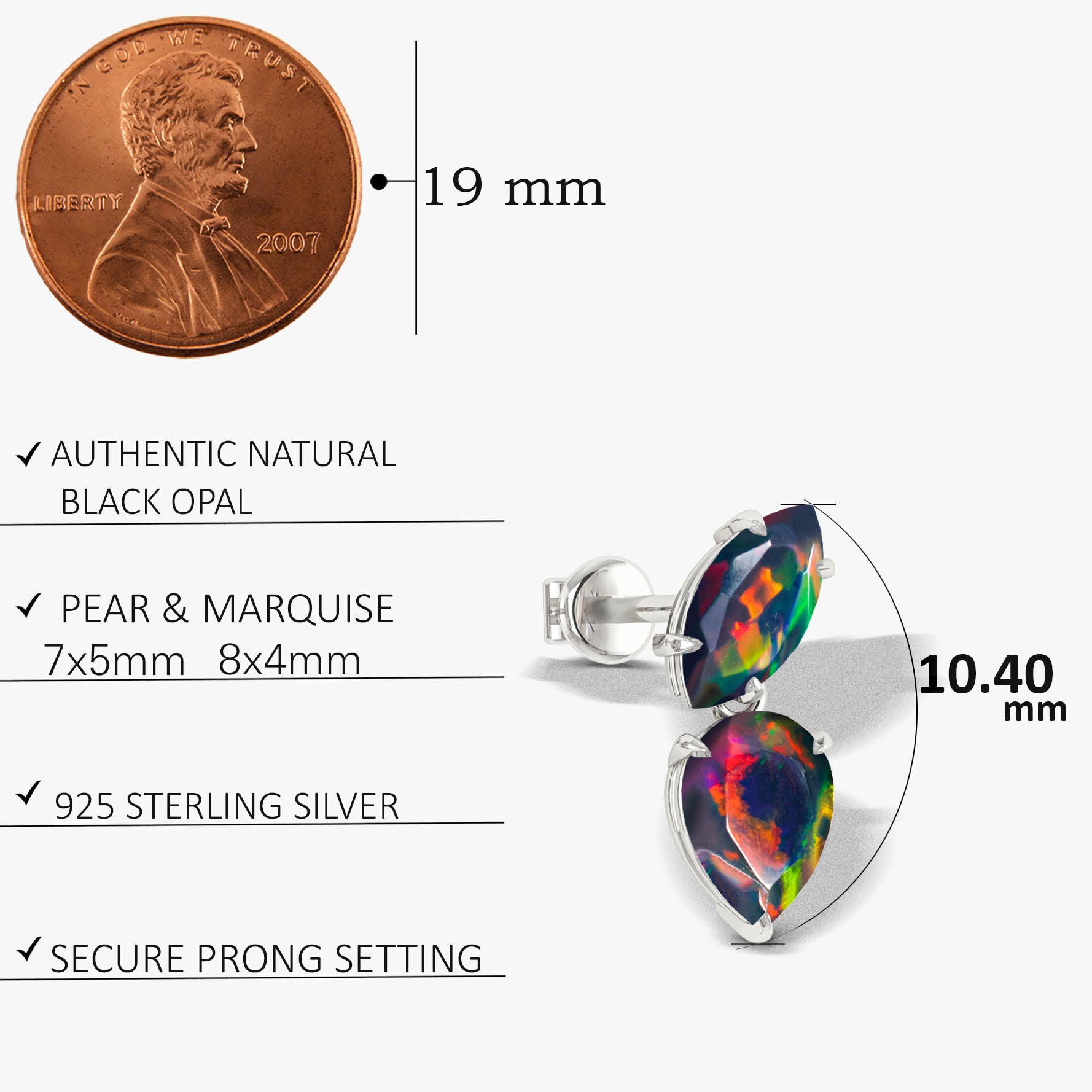 Natural Black Opal Marquise & Pear Two Stone Stud Earrings – Elegant Dangle Earrings for Women, Perfect for Weddings, Parties & Special Occasions