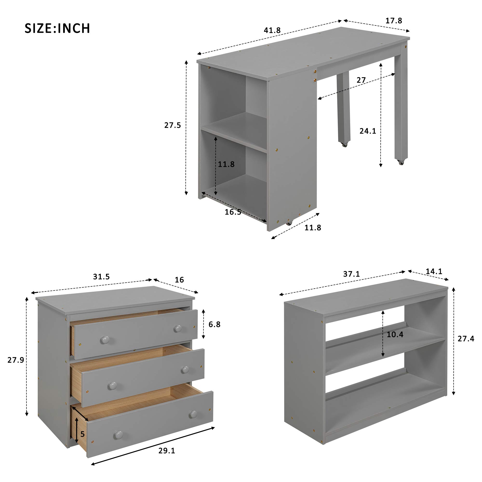 SOFTSEA Twin Size Low Loft Bed with Rolling Desk, Storage Cabinet & Bookshelf - Space-Saving Study Bed for Kids & Teens (Gray) - Perfect for Small Bedrooms, Dorm Rooms & Home Office Spaces