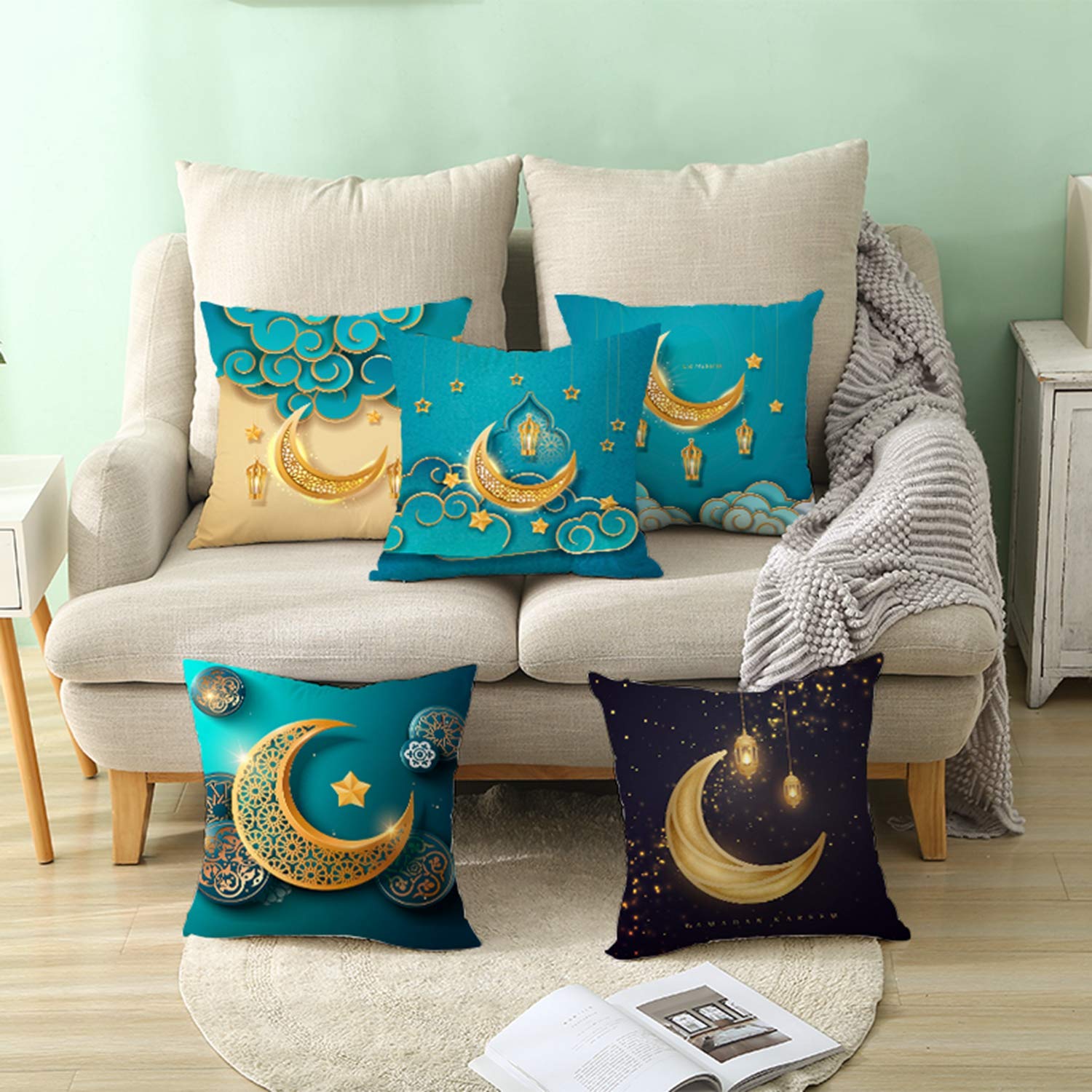 Hanfike Floral Pillow Covers 18x18 Inch - Gold Decorative Cushion Cases for Sofa, Bed, Couch - Ramadan Print Home Decor (TPR372-16) | Perfect for Living Room, Bedroom & Holiday Decorations