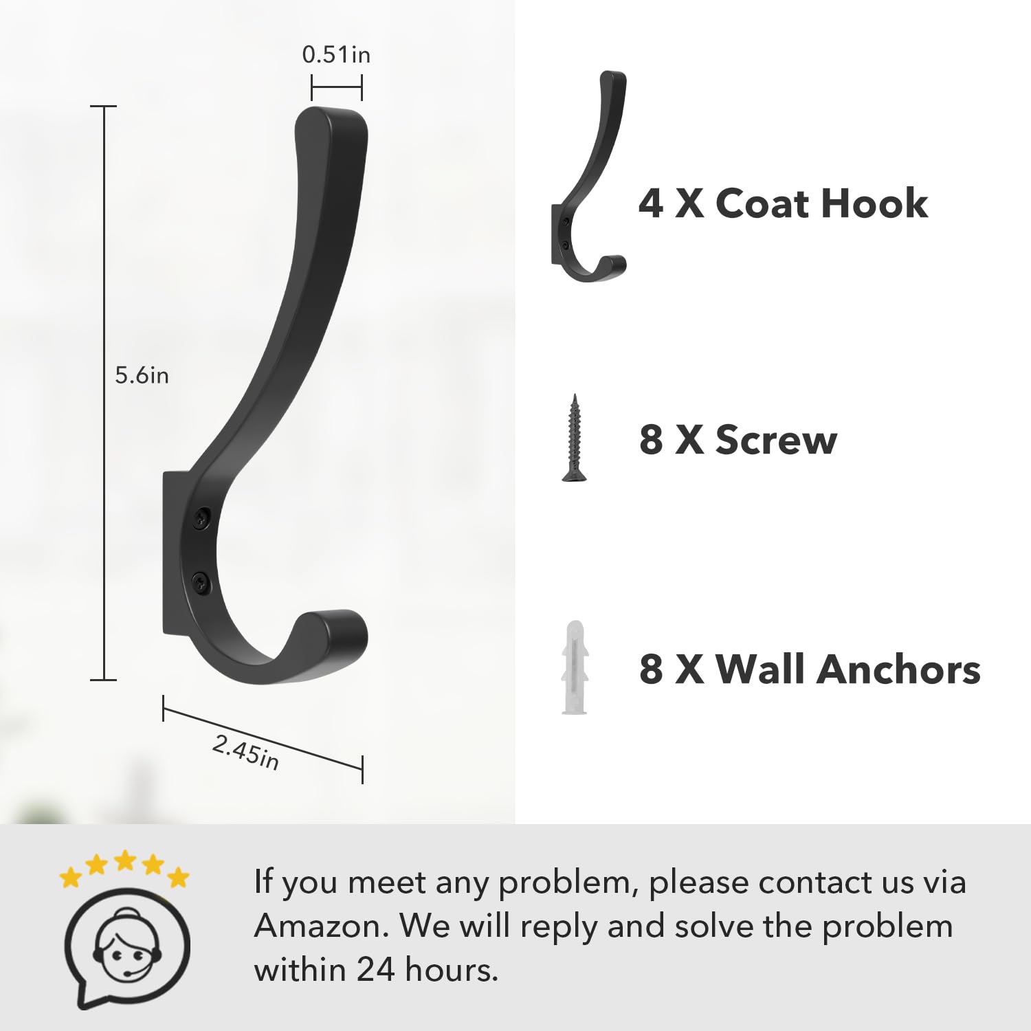4 Pack Heavy Duty Wall Hooks - Black Metal Coat Hangers for Wall Mounting, Screw-In Hooks for Coats, Backpacks, Bags & Purses - Perfect for Entryway, Closet, Bathroom & Garage Organization