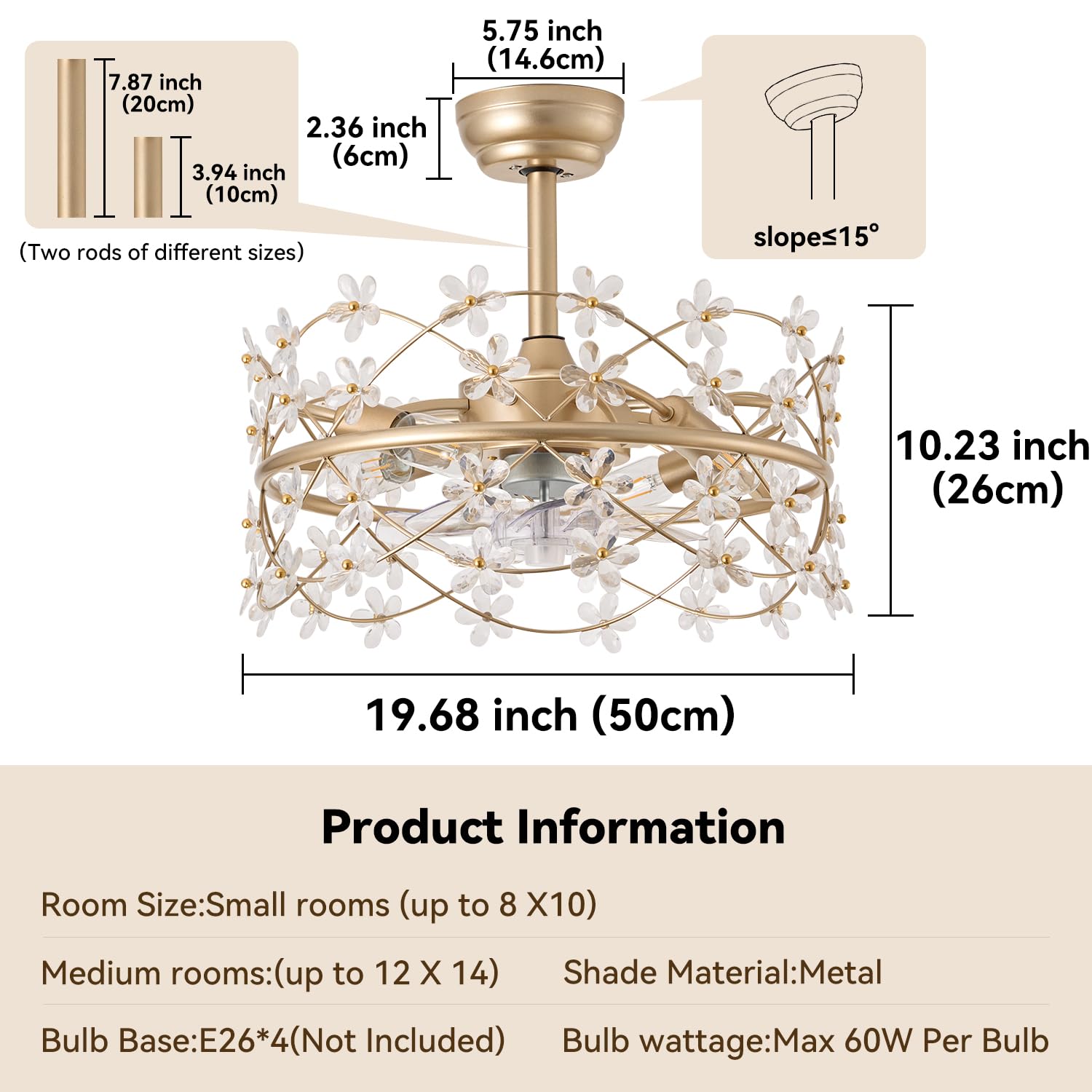 20 Inch Gold Caged Ceiling Fan with Light and Remote Control - Modern Crystal Flower Chandelier Fan with 6 Speed Settings - Perfect for Girls Bedroom, Living Room, Nursery and Home Decor
