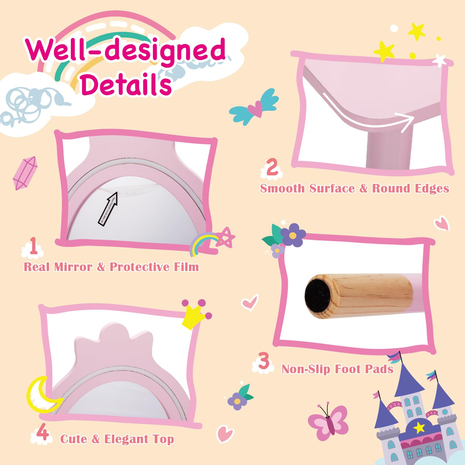 Wooden Princess Vanity Set with Table & Stool - Kids Makeup Dressing Desk with LED Lights, Mirror, Large Drawer & Jewelry Storage - 2-in-1 Pretend Play Set for Little Girls - Perfect for Bedroom Decor, Birthday Gifts & Role Play Activities