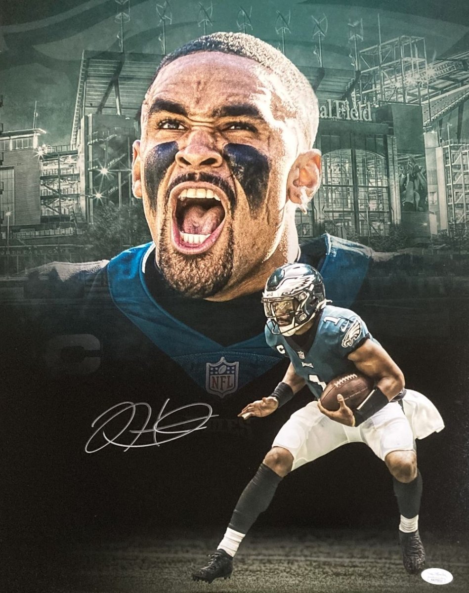 Jalen Hurts Autographed 16x20 Philadelphia Eagles Running Collage Photo with JSA Certificate - Perfect for Eagles Fans, Sports Memorabilia Collectors, and Man Cave Decor