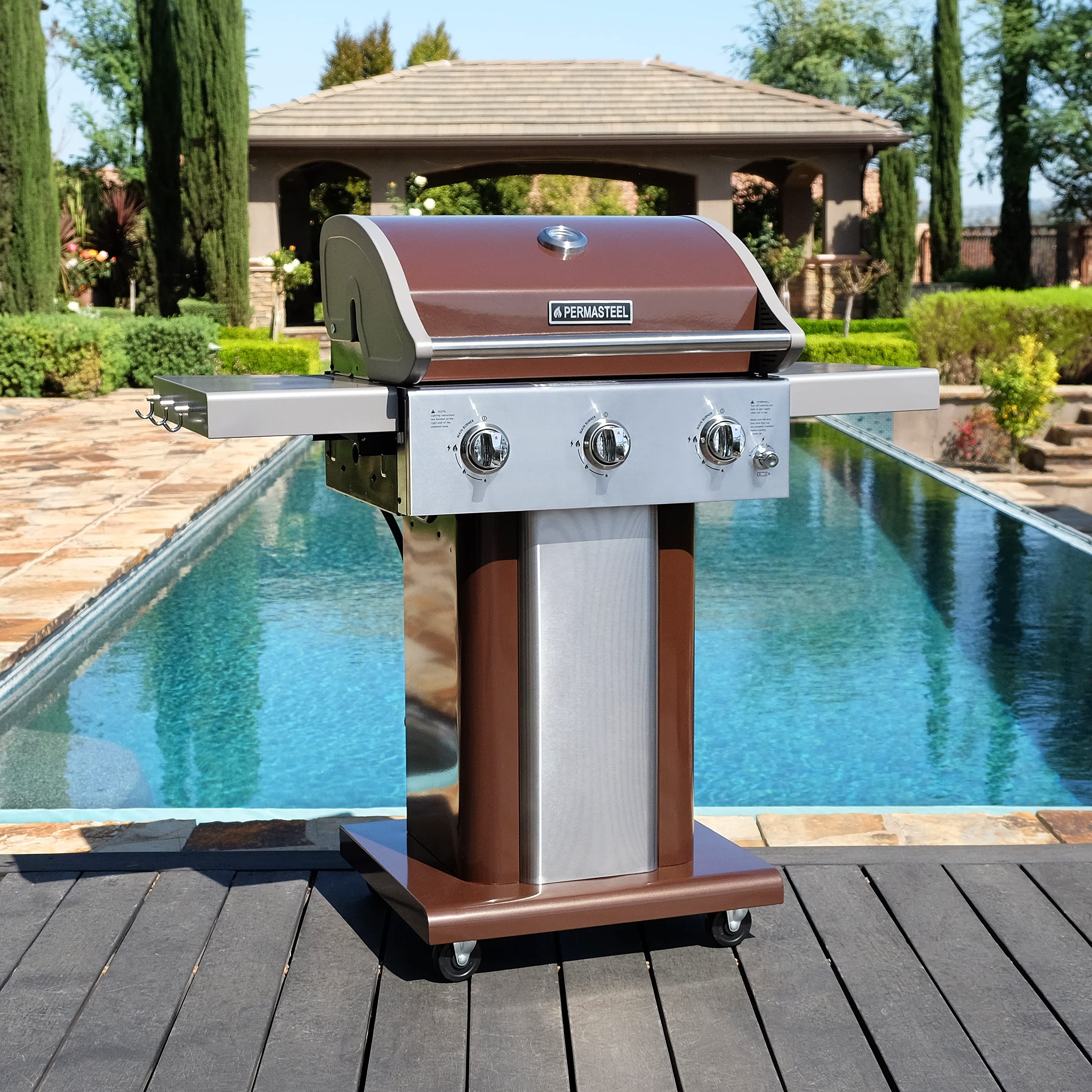 **Permasteel 3-Burner Propane Gas Grill – 30,000 BTU Outdoor BBQ Grill with Cast Iron Grates, Foldable Side Tables & Tool Hooks – Perfect for Backyard, Camping, and Tailgating (Mocha)**
