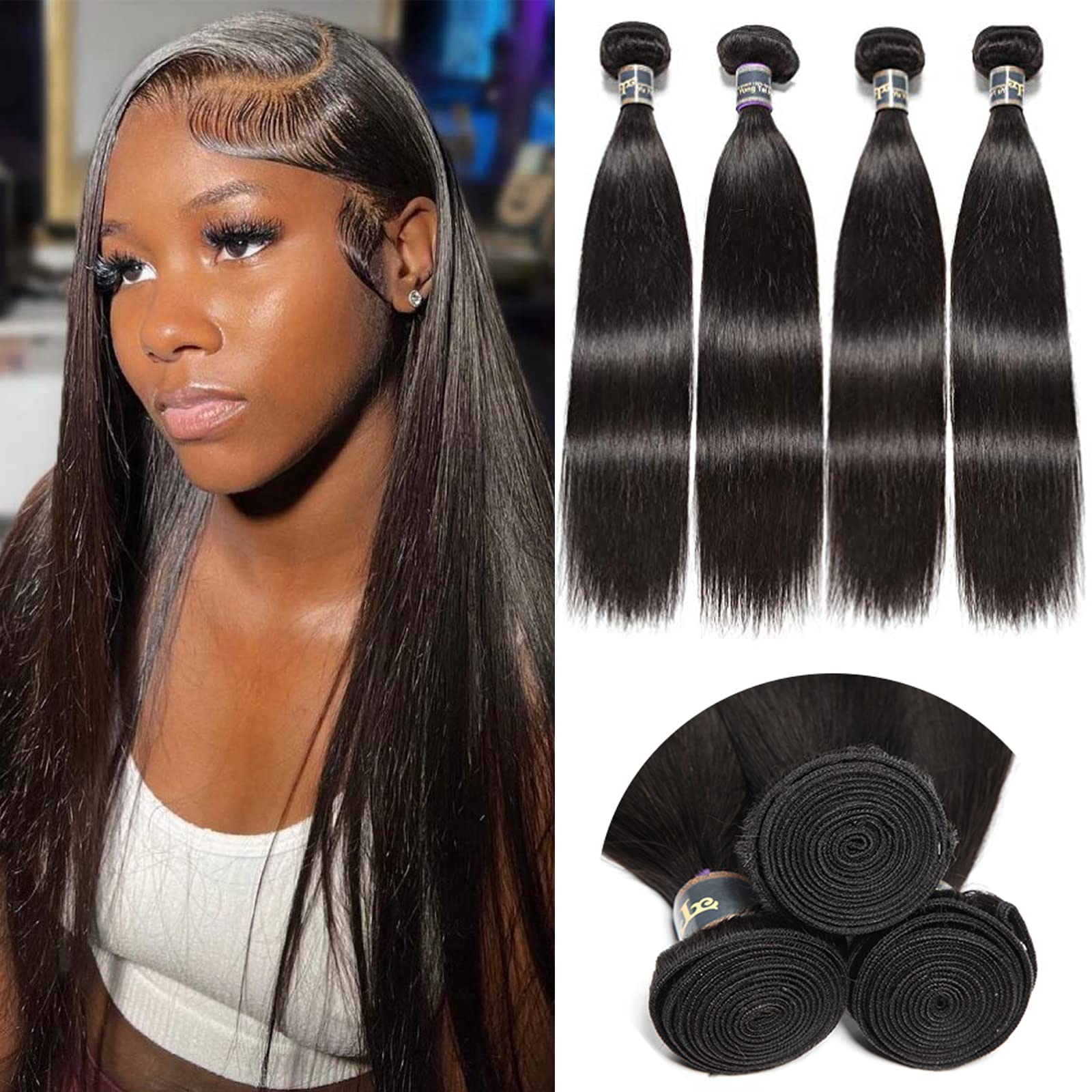Virgin Straight Human Hair 4 Bundle Deals - 9A Malaysian Straight Weave Hair (24, 24, 26, 26 Inch) 1B Color Natural Hair Extensions for Styling & Volume - Perfect for Daily Wear, Parties & Special Occasions