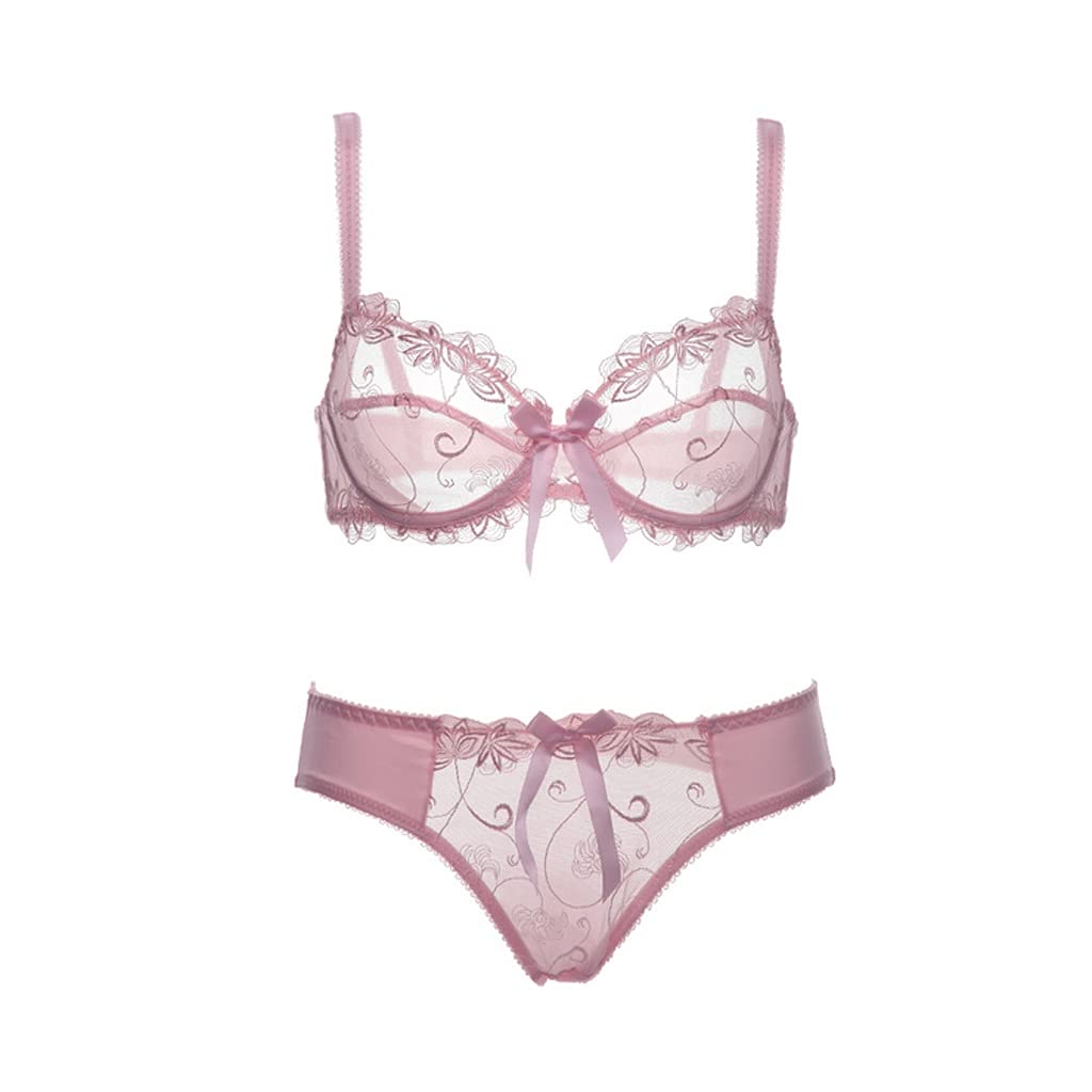 WSSBK Ultra-Thin Transparent Lace Bra & Panty Set for Women - Sexy Embroidery Lingerie in Plus Size, C/D Cup (Pink, 75C) - Perfect for Date Nights, Bridal Wear & Special Occasions
