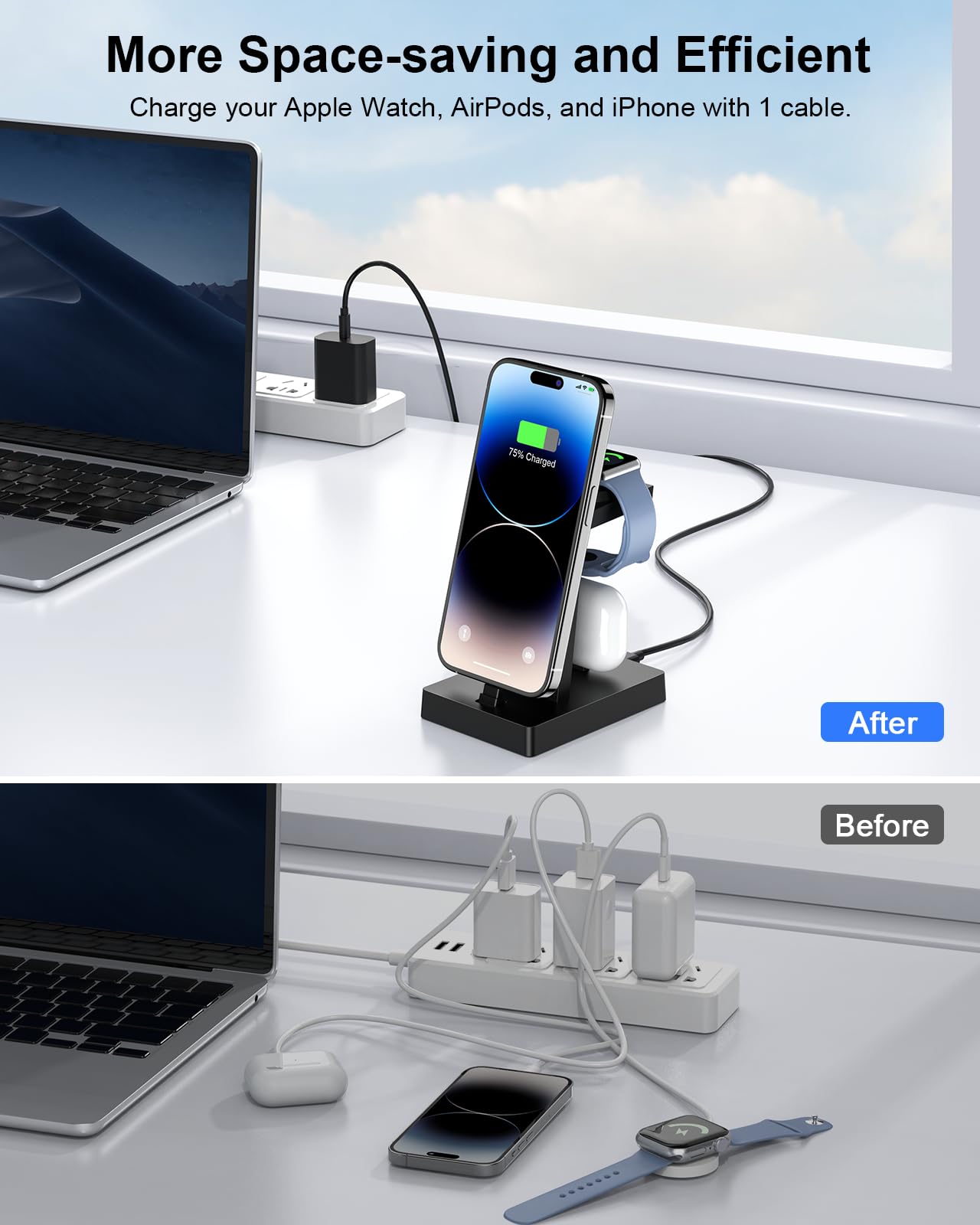 3-in-1 Wireless Charging Station for Apple Watch Series 8/7/6/5/4/SE, iPhone 14/13/12/11/XR/8/7 Plus & AirPods - Fast Charging Dock with Nightstand Mode for Bedroom, Office and Travel