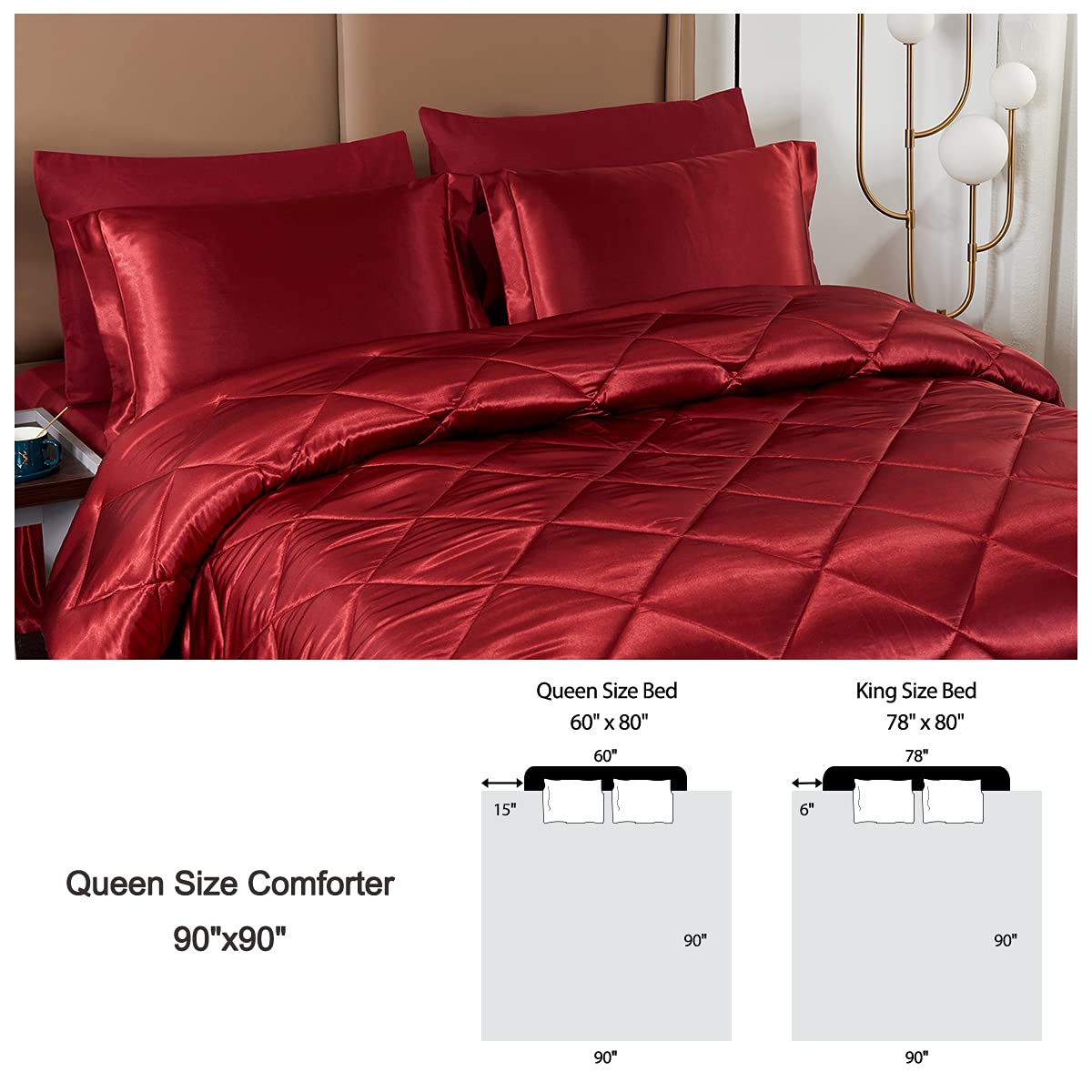 Luxury 8-Piece Satin Queen Comforter Set - Silky Soft Burgundy Bedding with 2 Pillowcases, 2 Shams & 1 Bed Skirt - Perfect for Master Bedroom, Guest Room & Hotel Decor